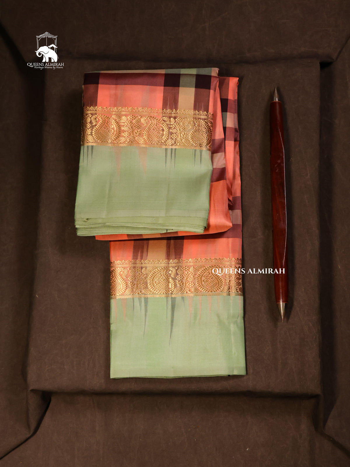 Peach With Green Kattam With Pista Green Pure Kanchivaram Silk Saree