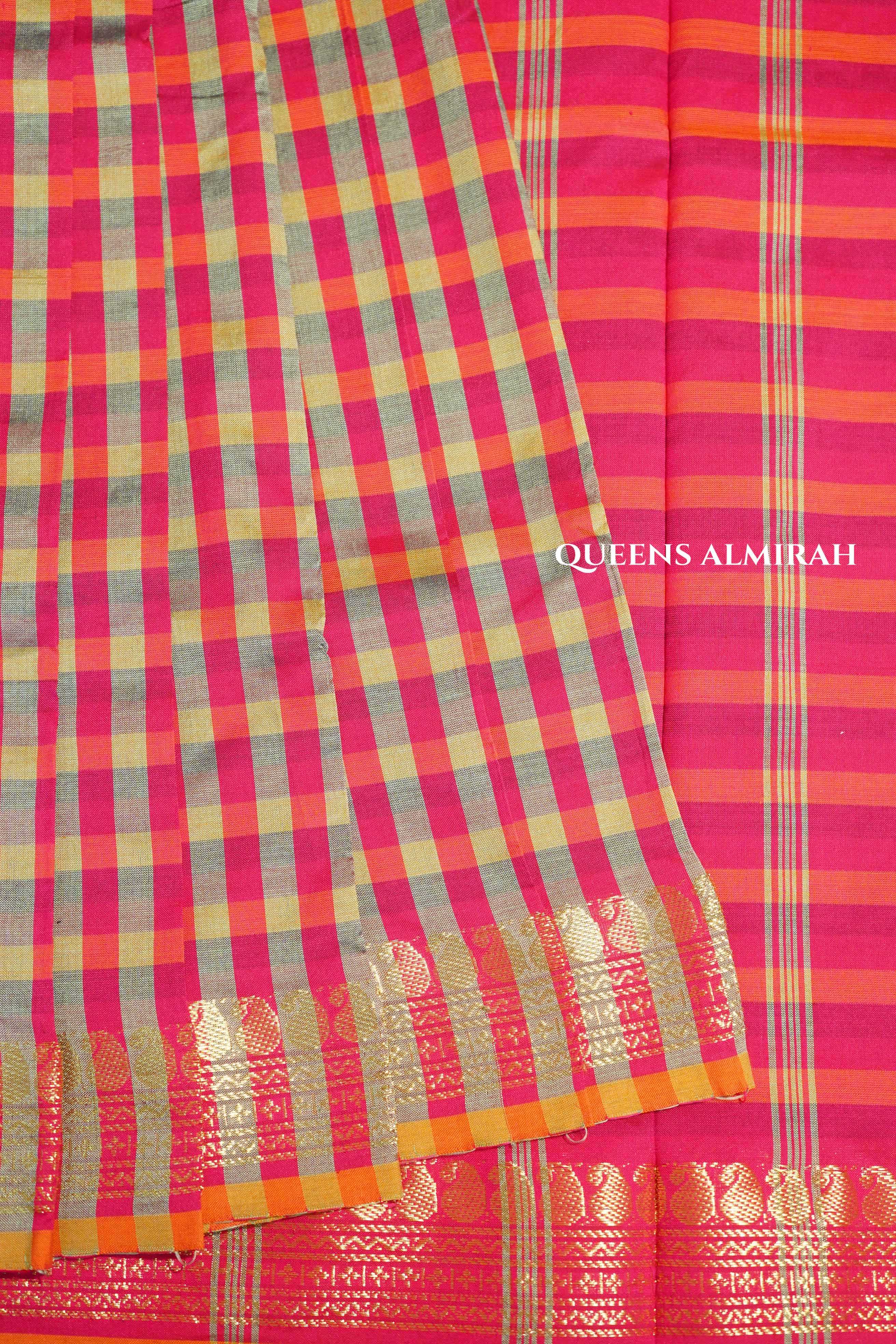 Red With Grey Checks Semi Silk Cotton Saree