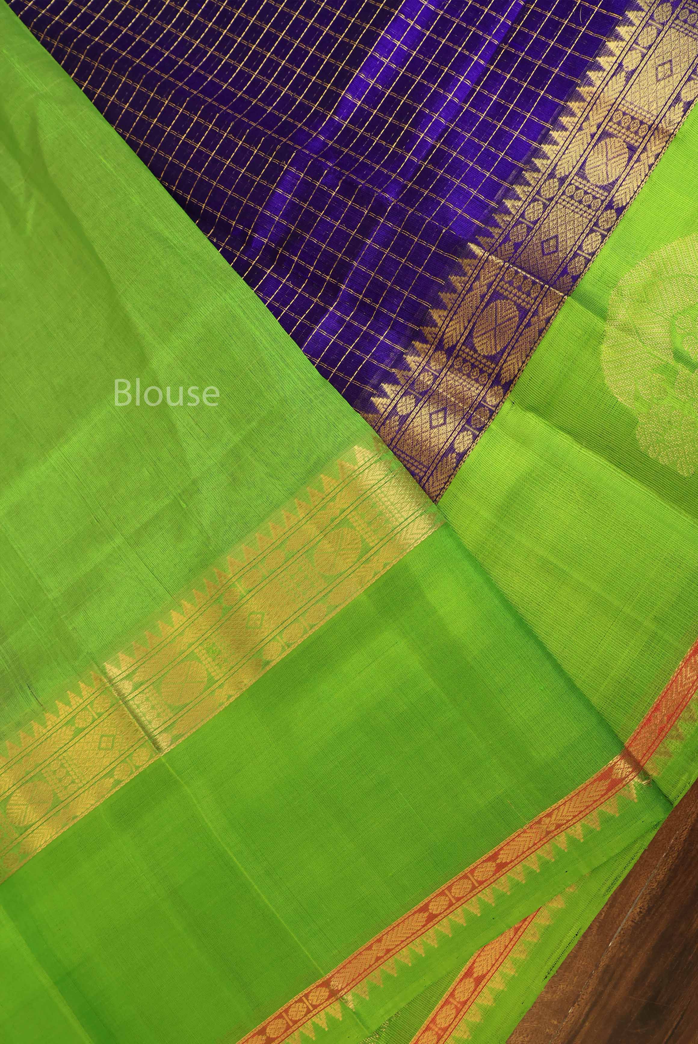 Navy Blue Kattam With Parrot Green Pure Silk Cotton Saree