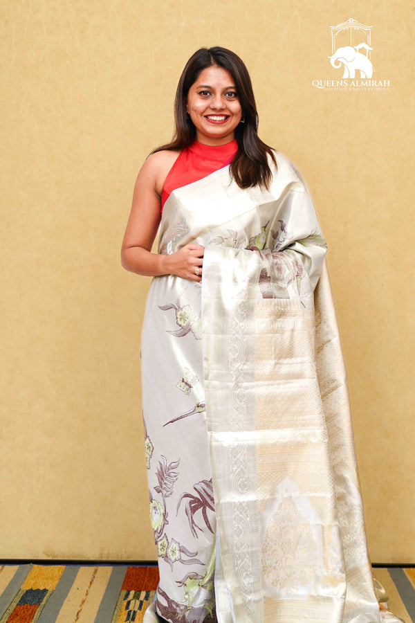 LIGHT GREY WITH WOVEN BORDER KANCHIVARAM SILK SAREE - Queens Jewel Emporium