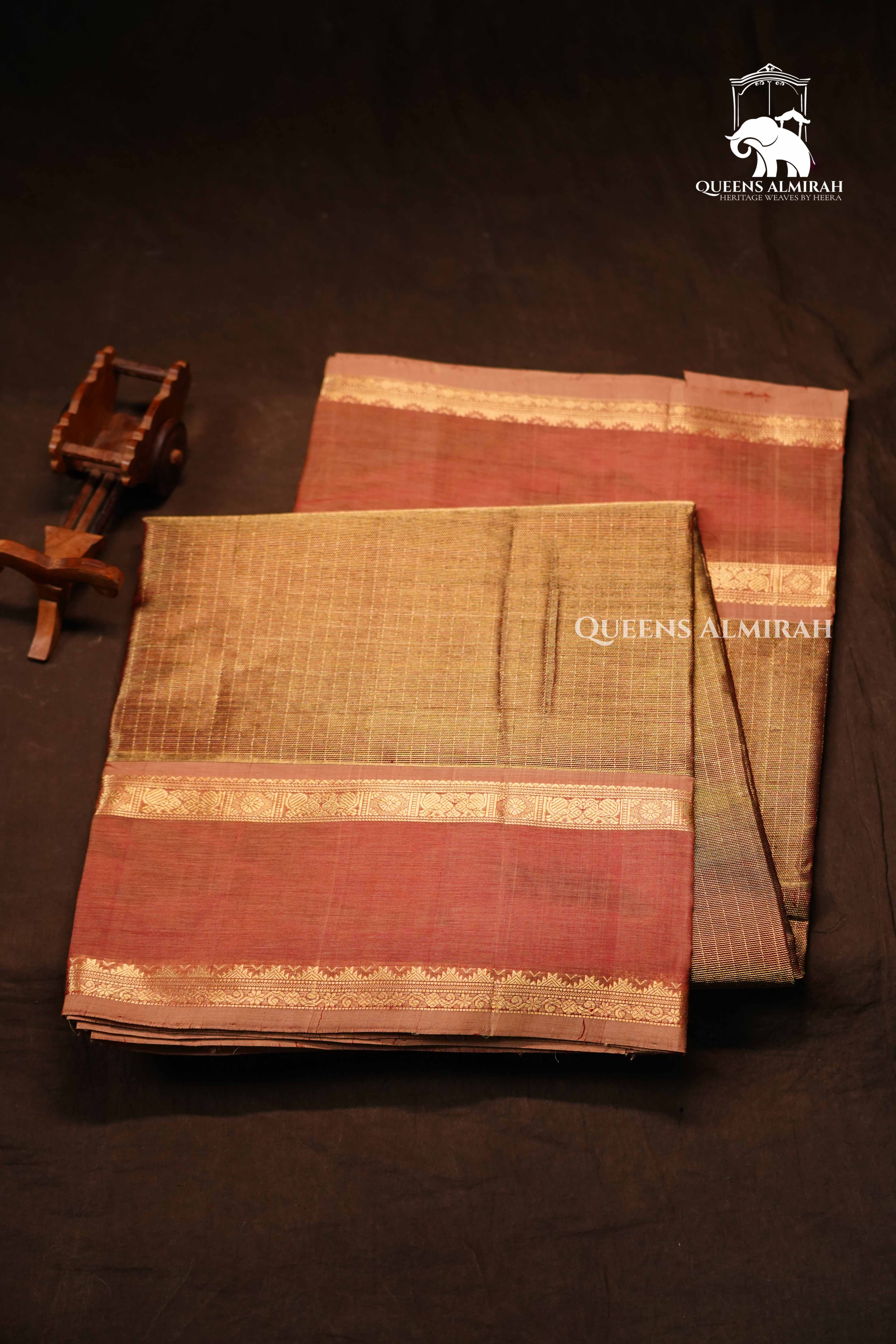Golden With Pale Carmine Karaikudi Chettinad Silk Cotton Saree