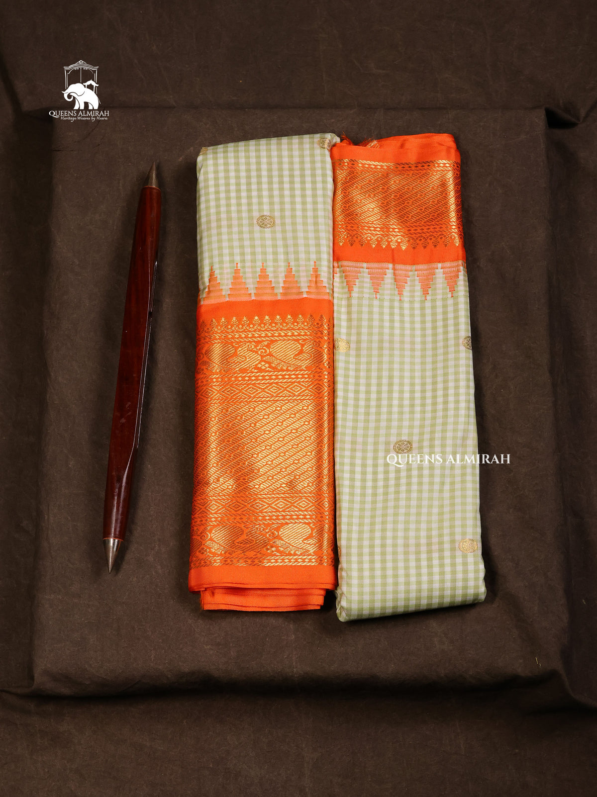 Light Green Kattam With Orange Semi Gadwal Silk Saree