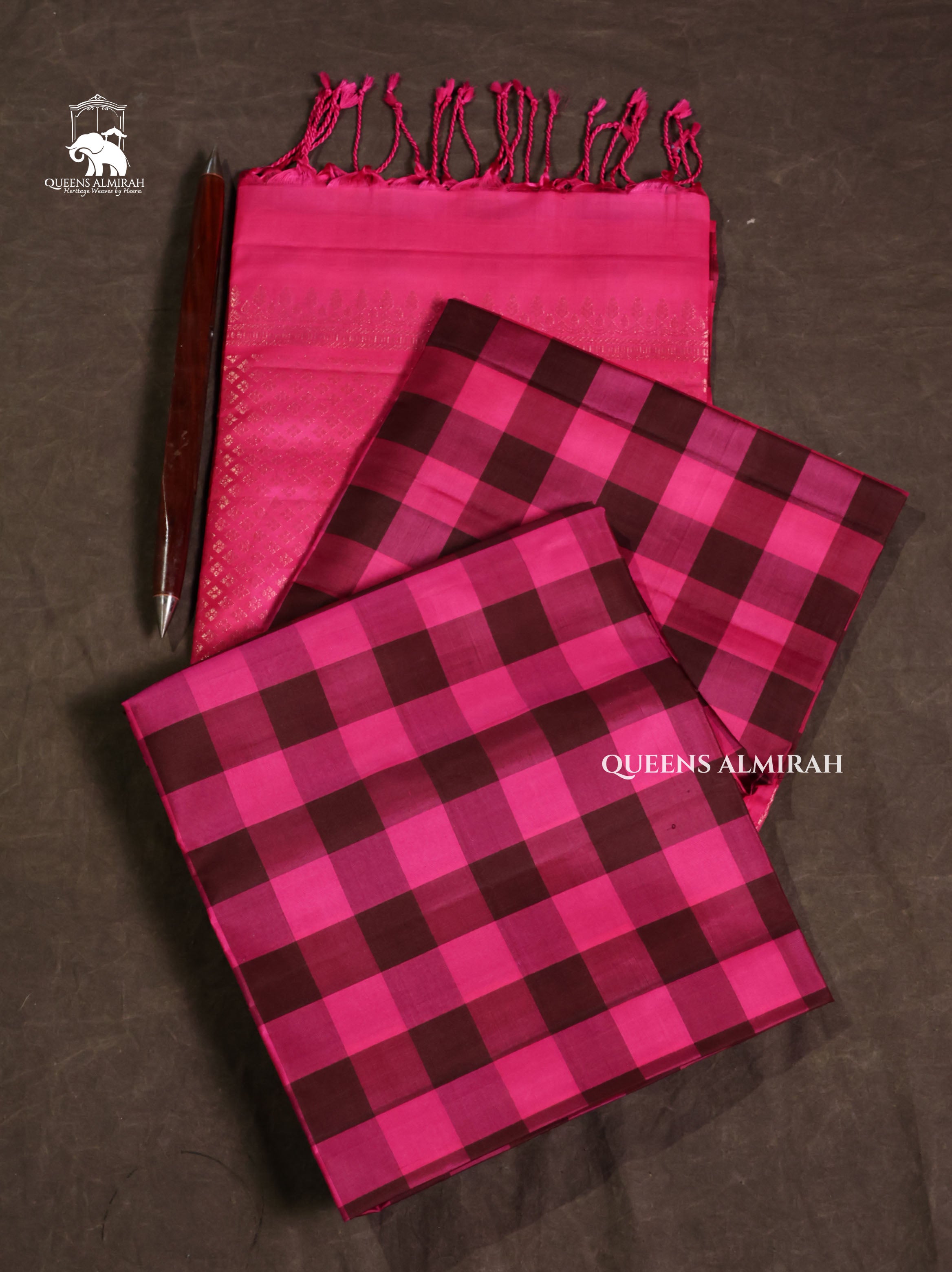 Pink With Black Checks Pure Soft Silk Saree