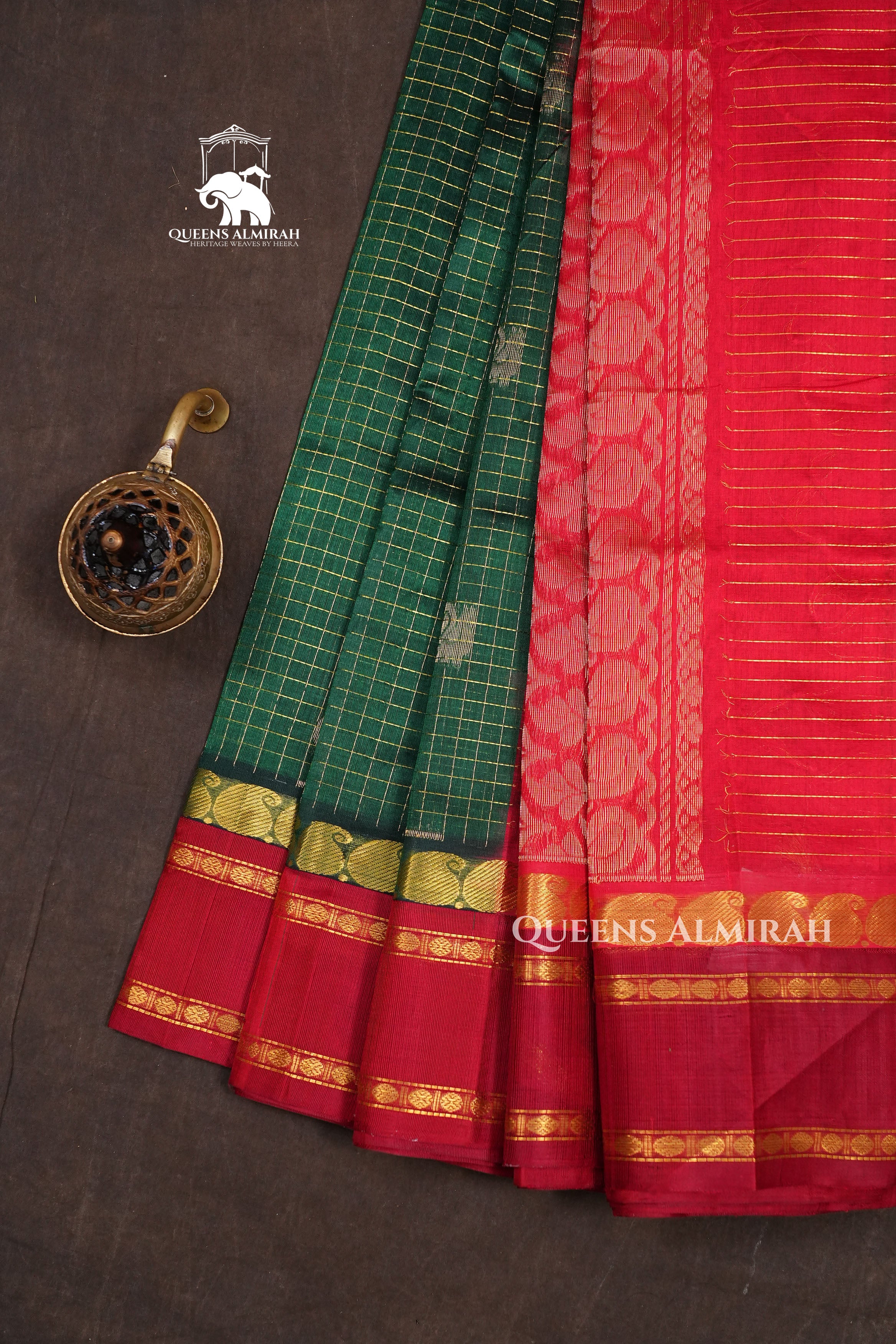 Dark Green Kattam With Red Rettapet BorderPure Kanchi Silk Cotton Saree