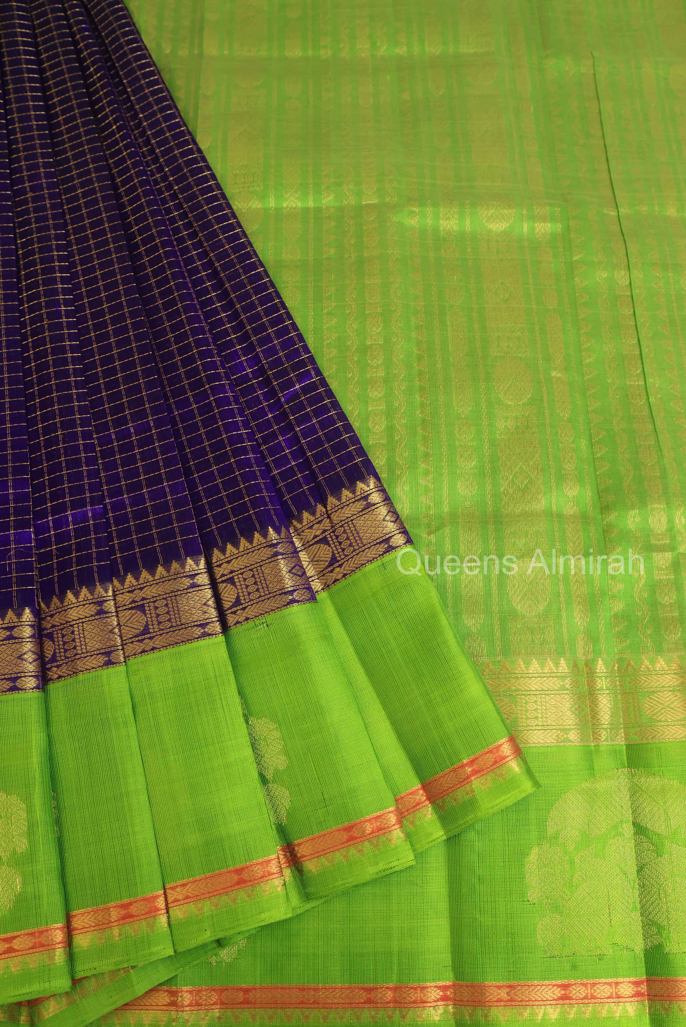 Navy Blue Kattam With Parrot Green Pure Silk Cotton Saree