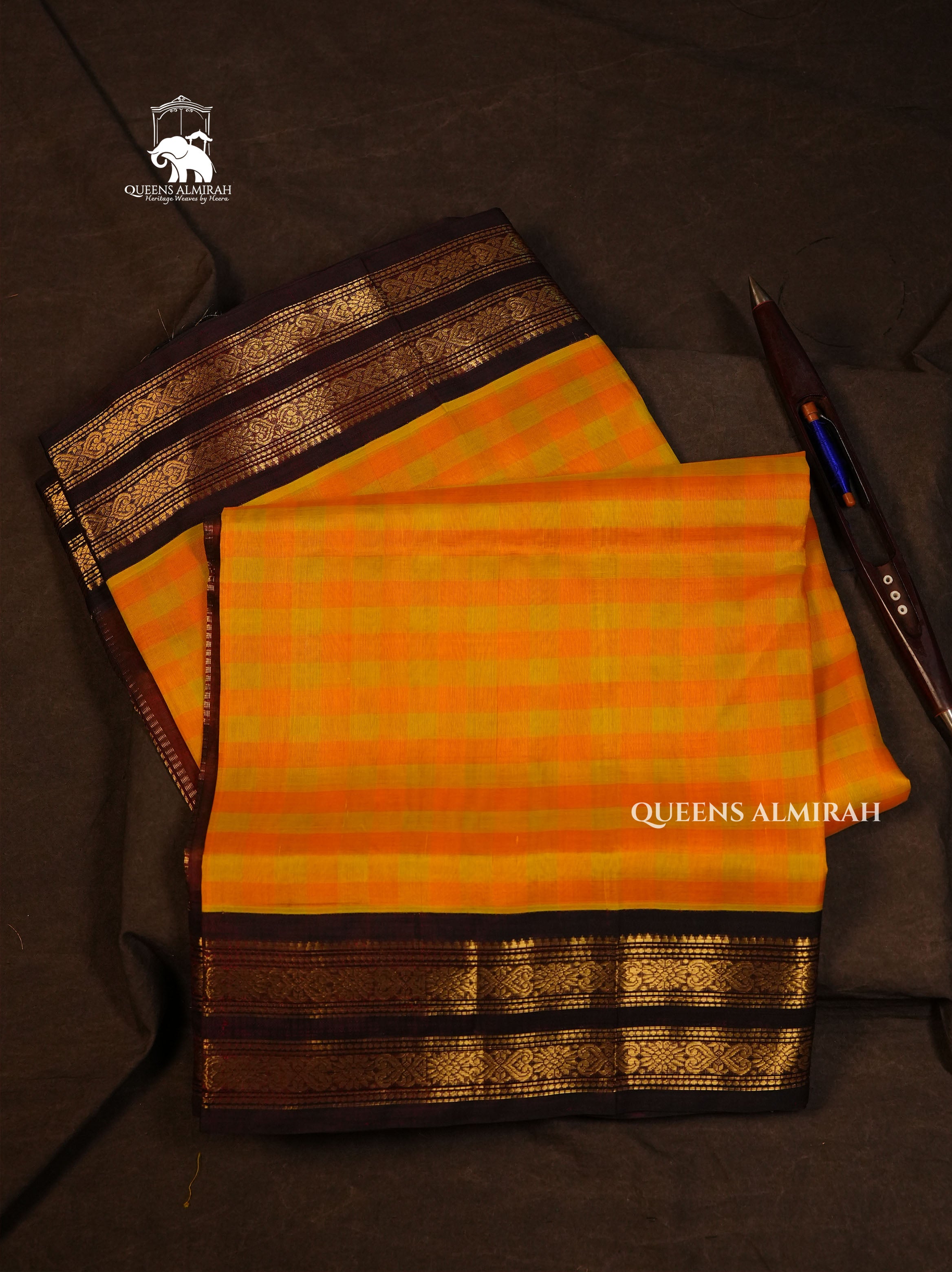 Yellow Kattam With Brown Border Pure Silk Cotton Saree