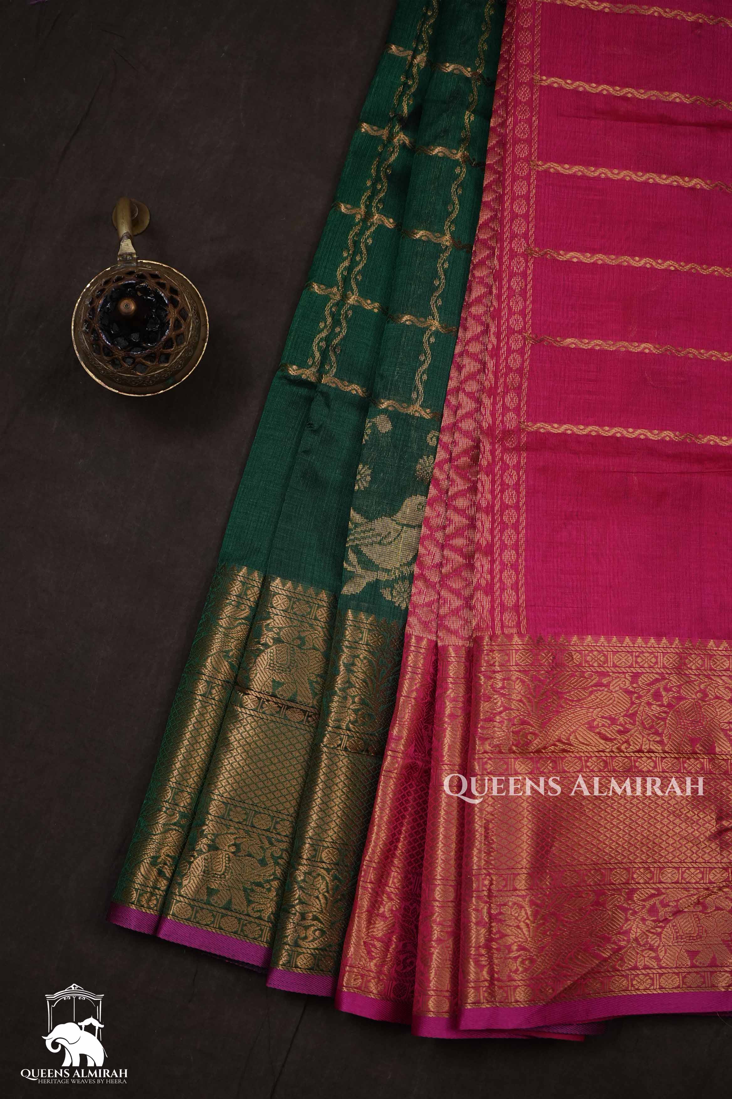 Dark Green With Red Pure Kanchi Silk Cotton Saree