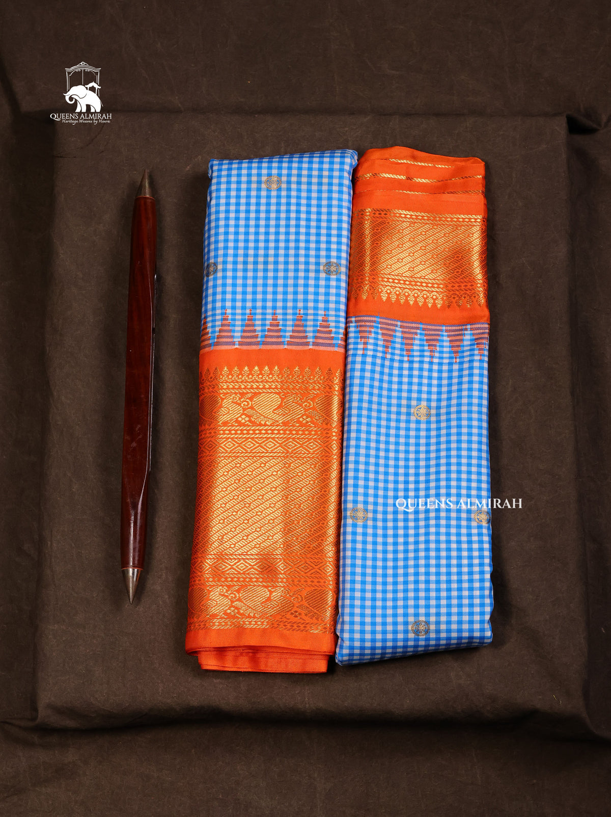 Blue Kattam With Orange Semi Gadwal Silk Saree