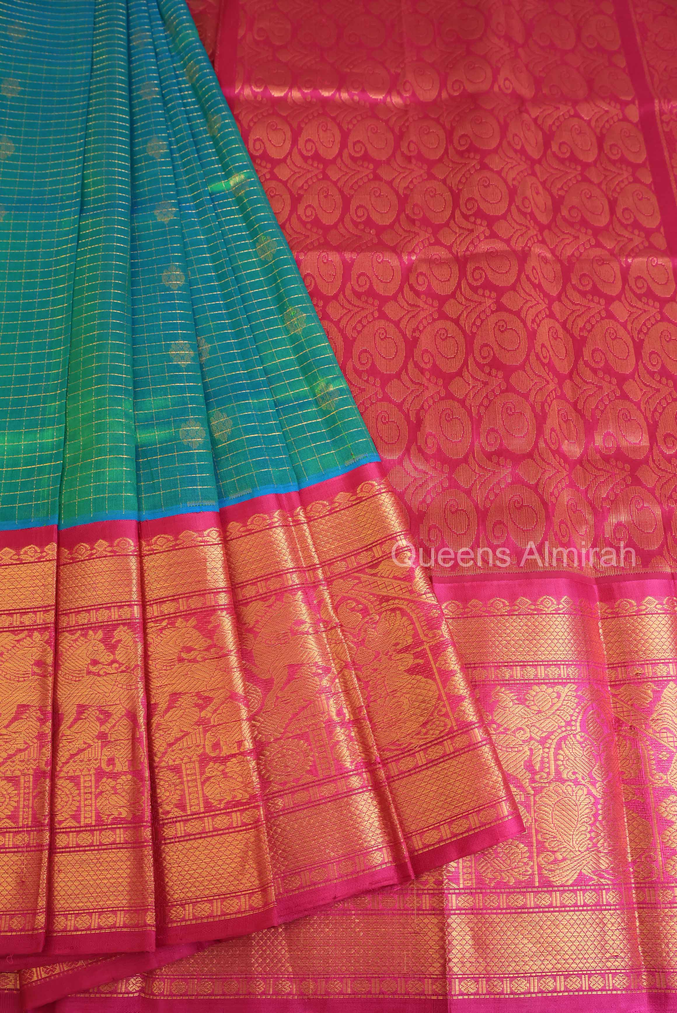 Blue With Pink Long And Short Border Pure Silk Cotton Saree
