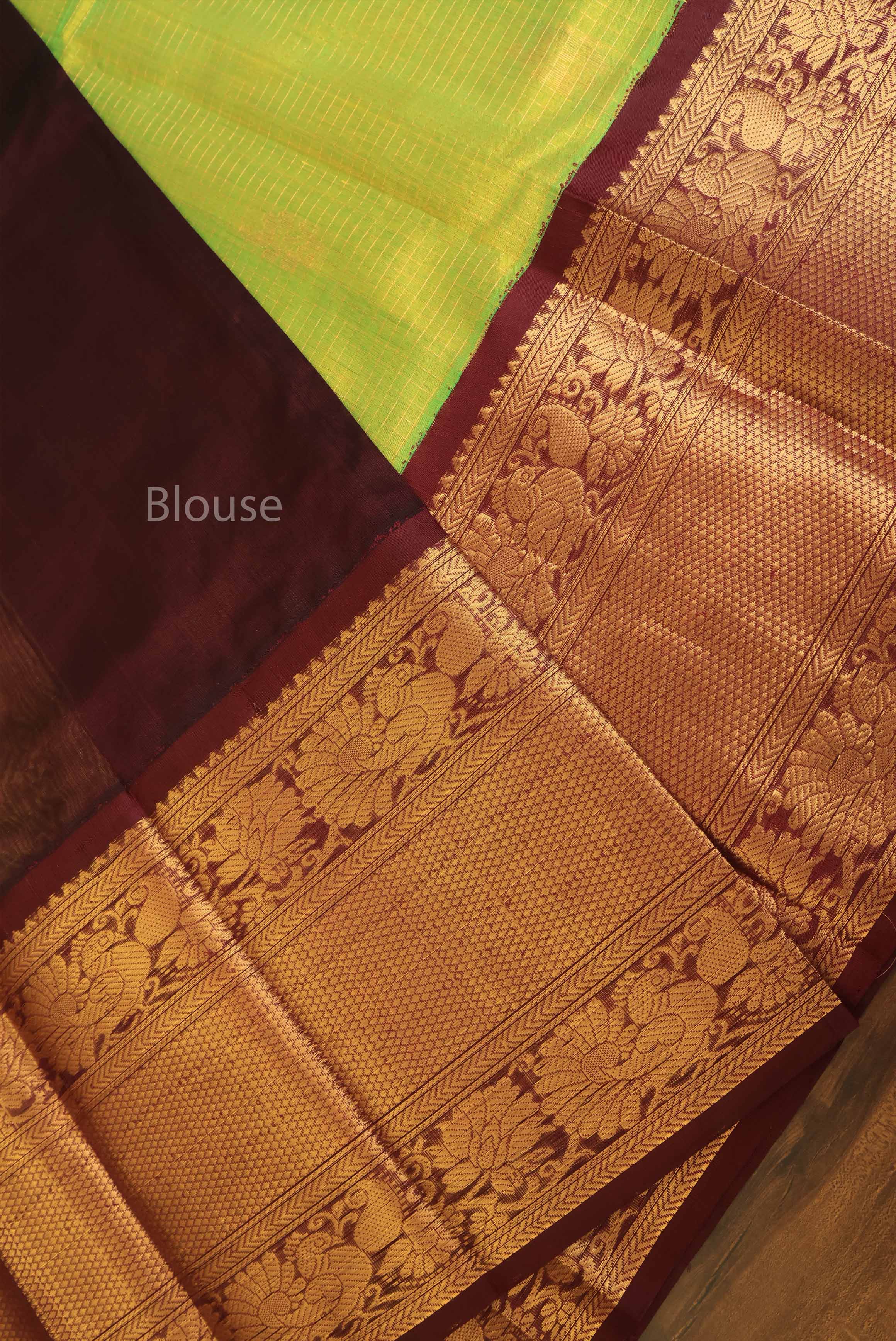 Parrot Green With Brown Maroon Long And Short Border Pure Silk Cotton Saree
