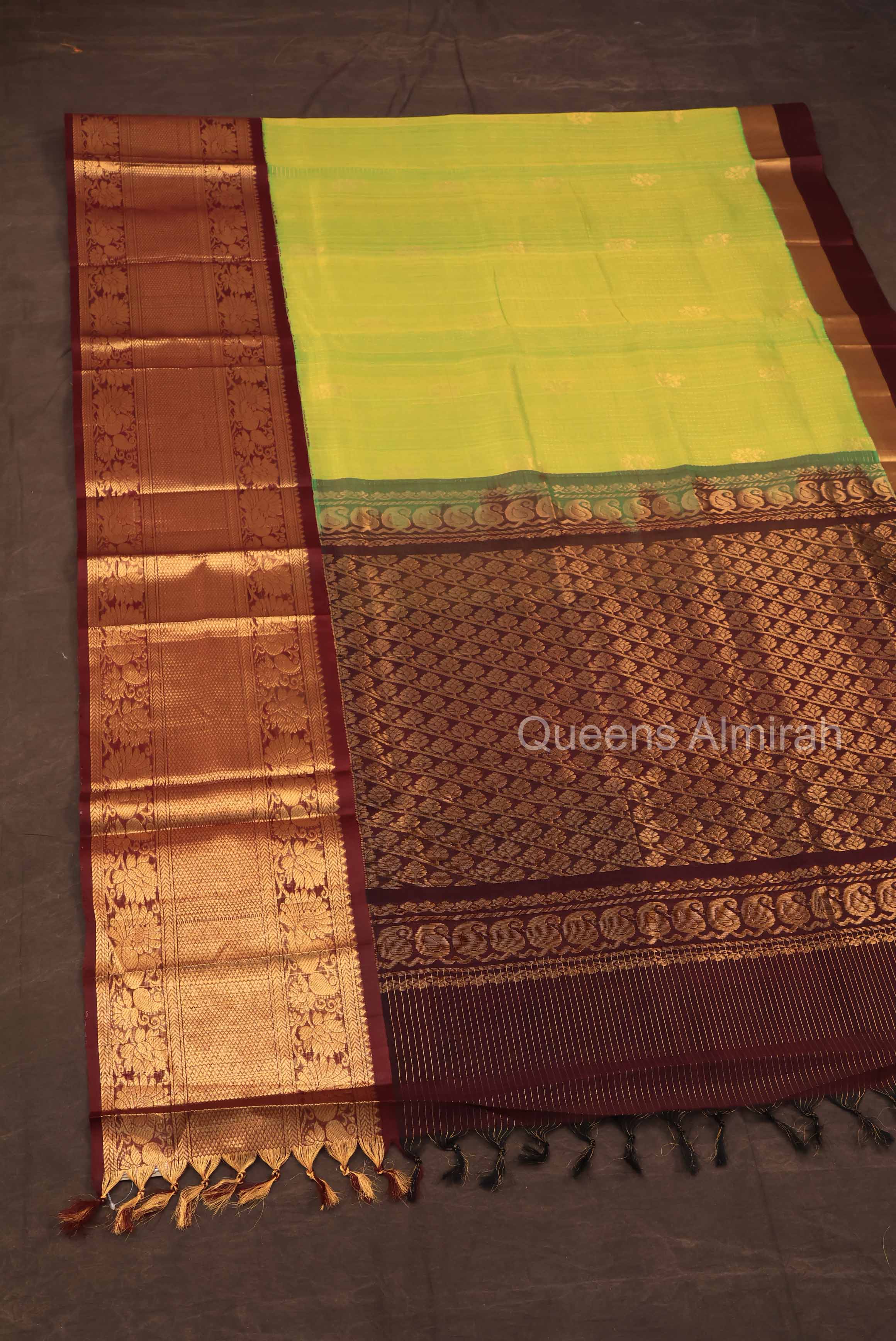 Parrot Green With Brown Maroon Long And Short Border Pure Silk Cotton Saree