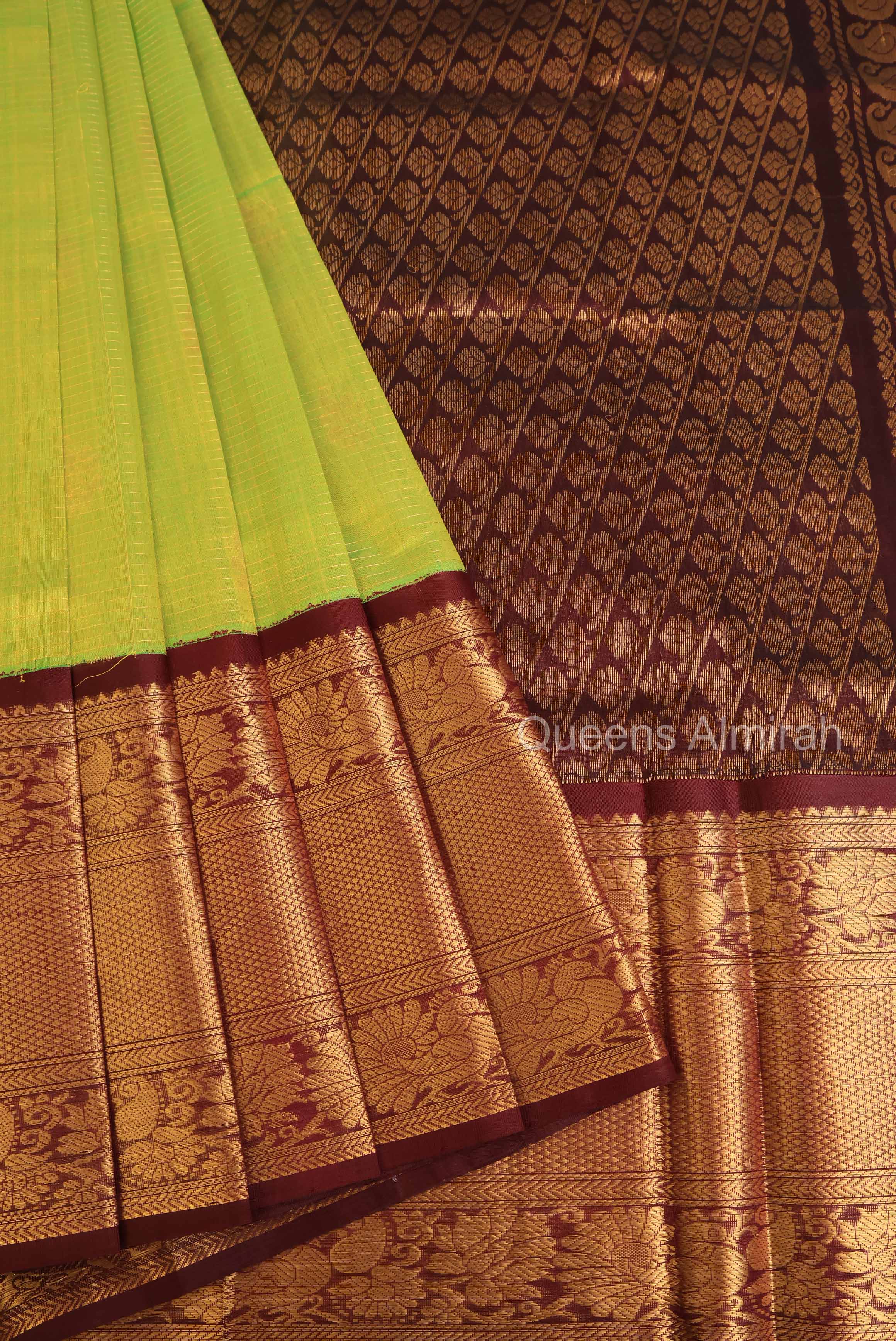Parrot Green With Brown Maroon Long And Short Border Pure Silk Cotton Saree