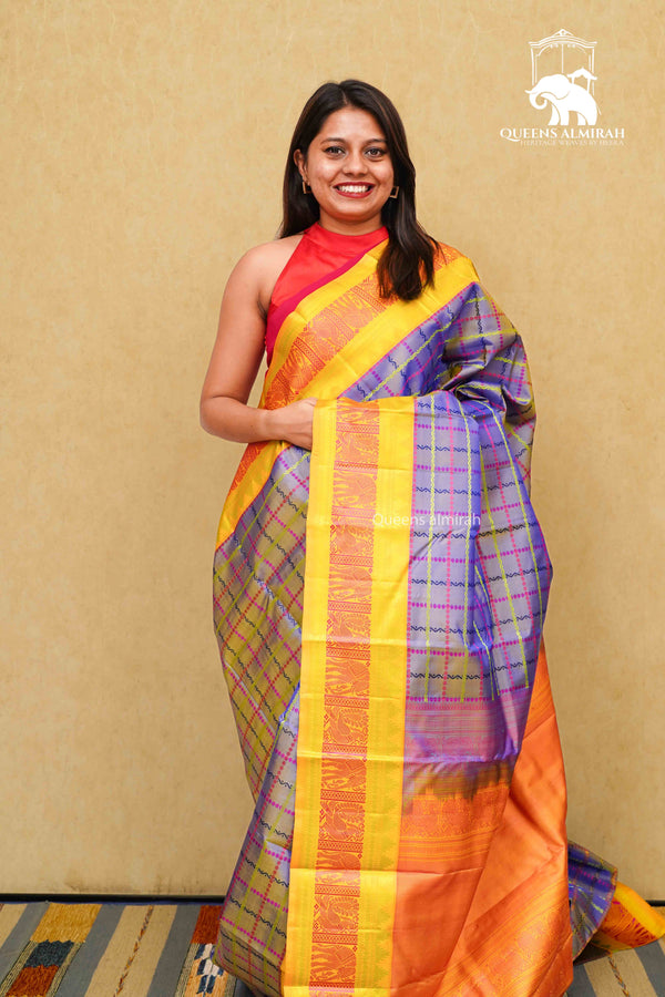 DARK LILAC WITH MANGO YELLOW PURE KANCHIVARAM SILK SAREE - Queens Jewel Emporium