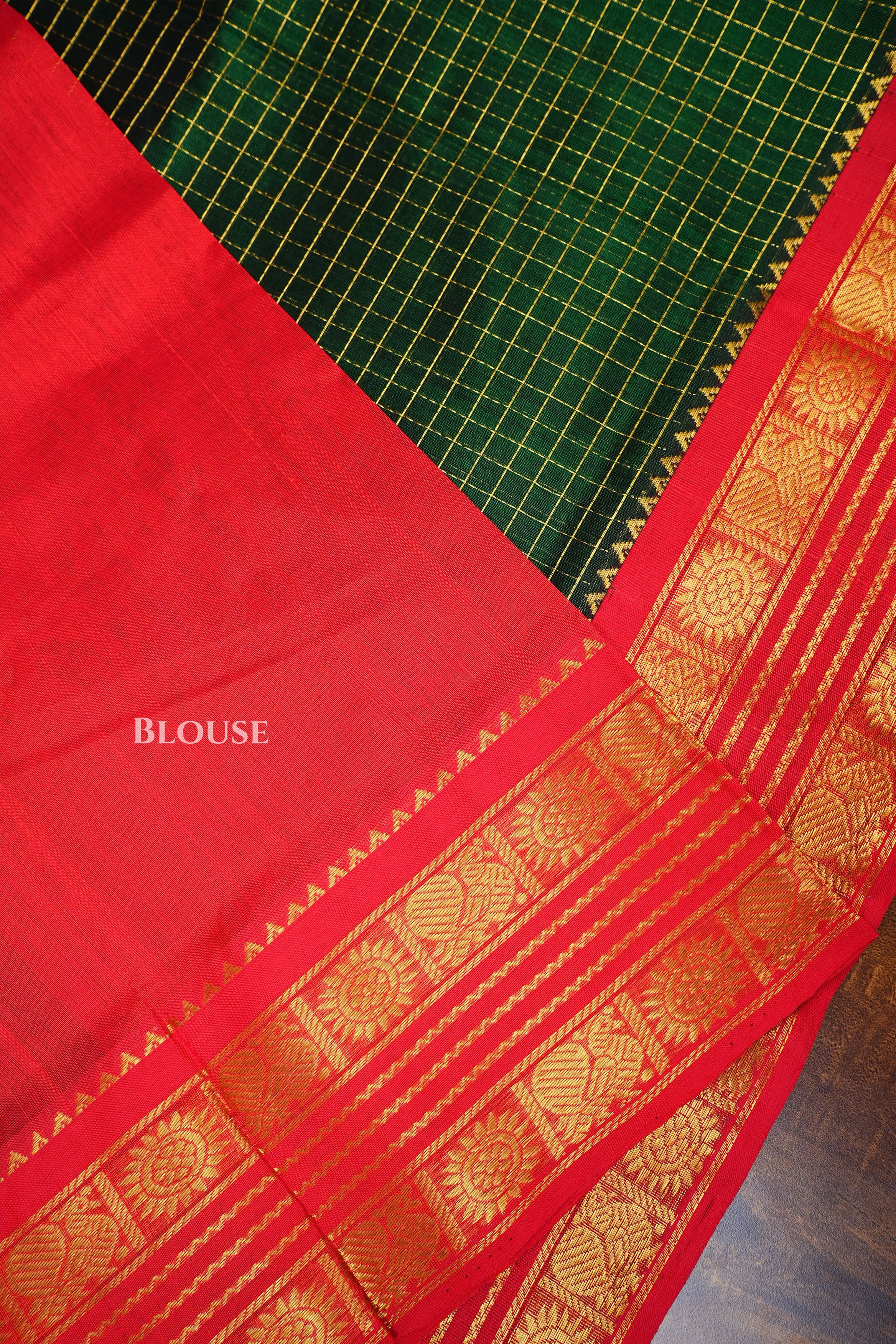 Dark Green Kattam With Red Kanchi Silk Cotton Saree