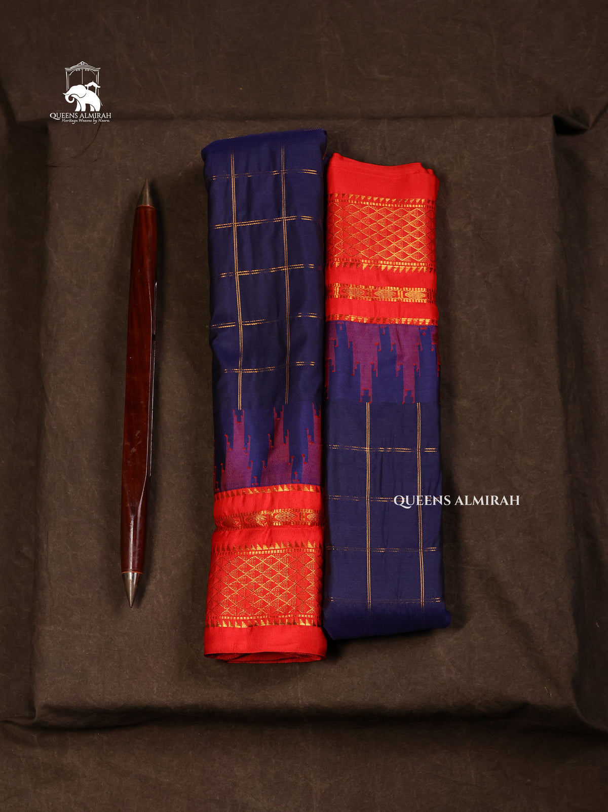 Dark Navy Blue With Red  Semi Gadwal Silk Saree