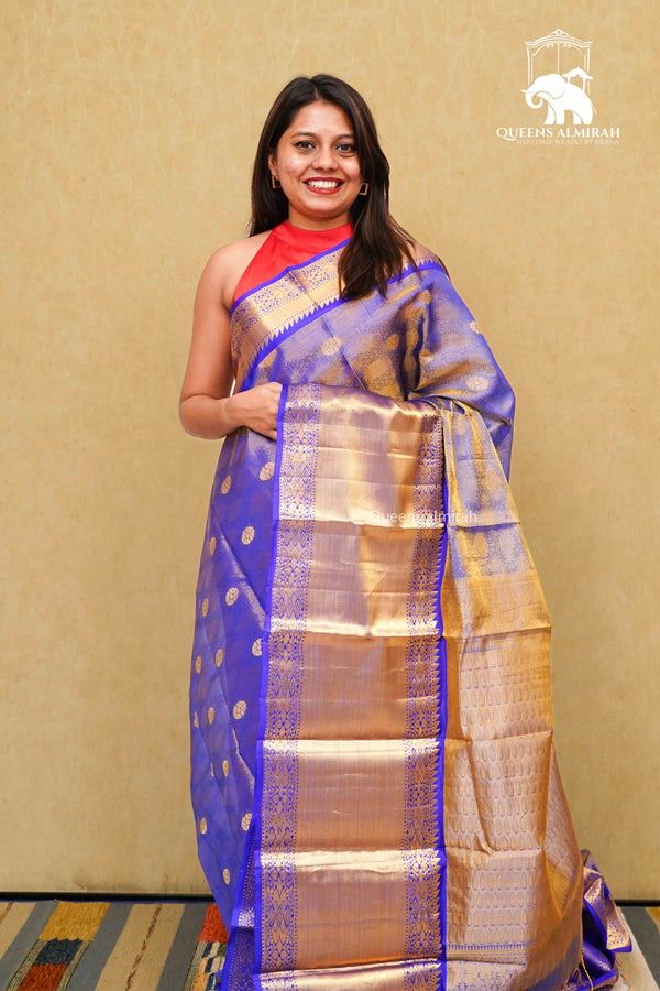 ROYAL BLUE TISSUE KANCHI SILK SAREE - Queens Jewel Emporium