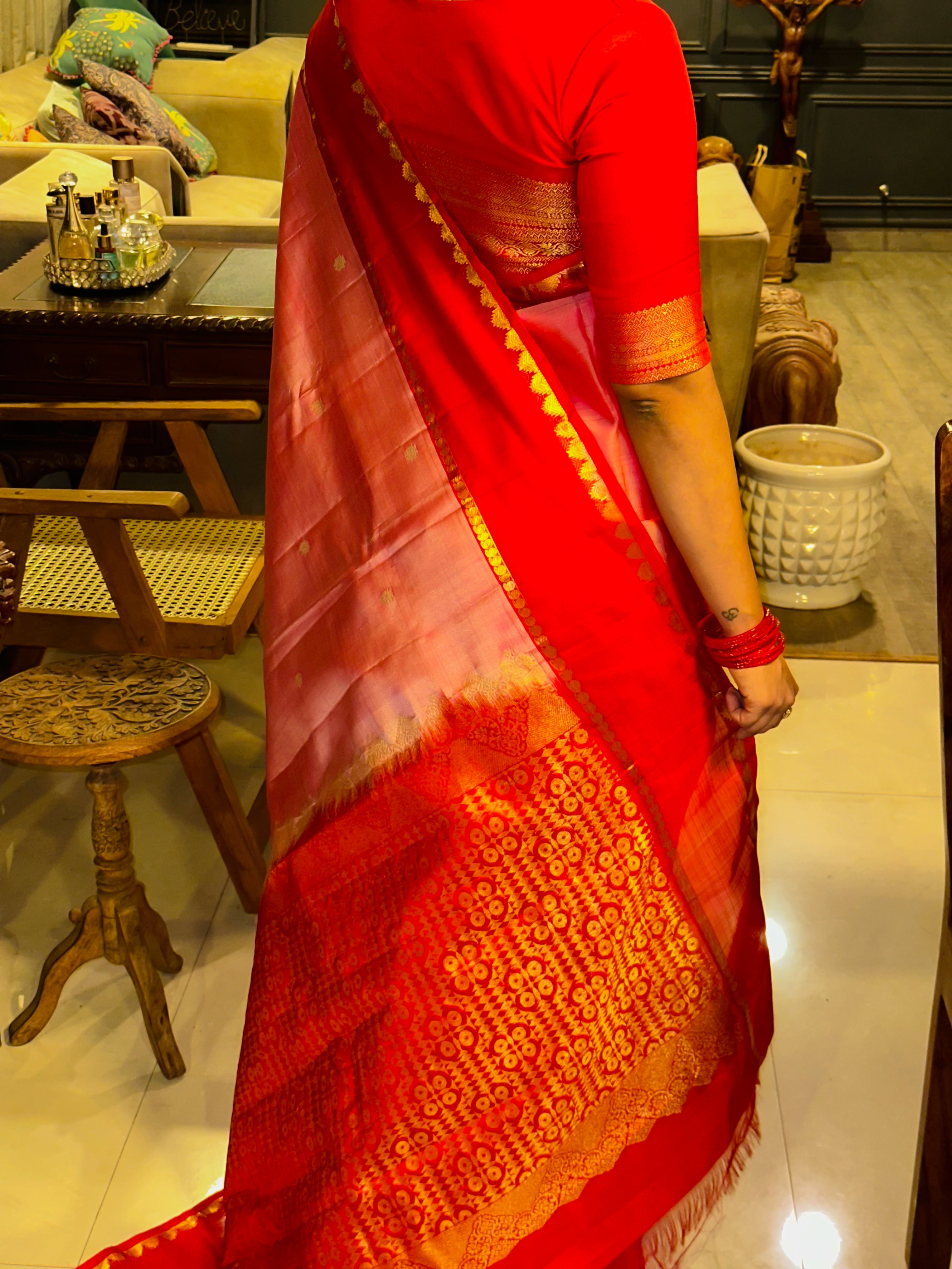 Rose Milk Pink With Red Pure Kanchivaram Silk Saree
