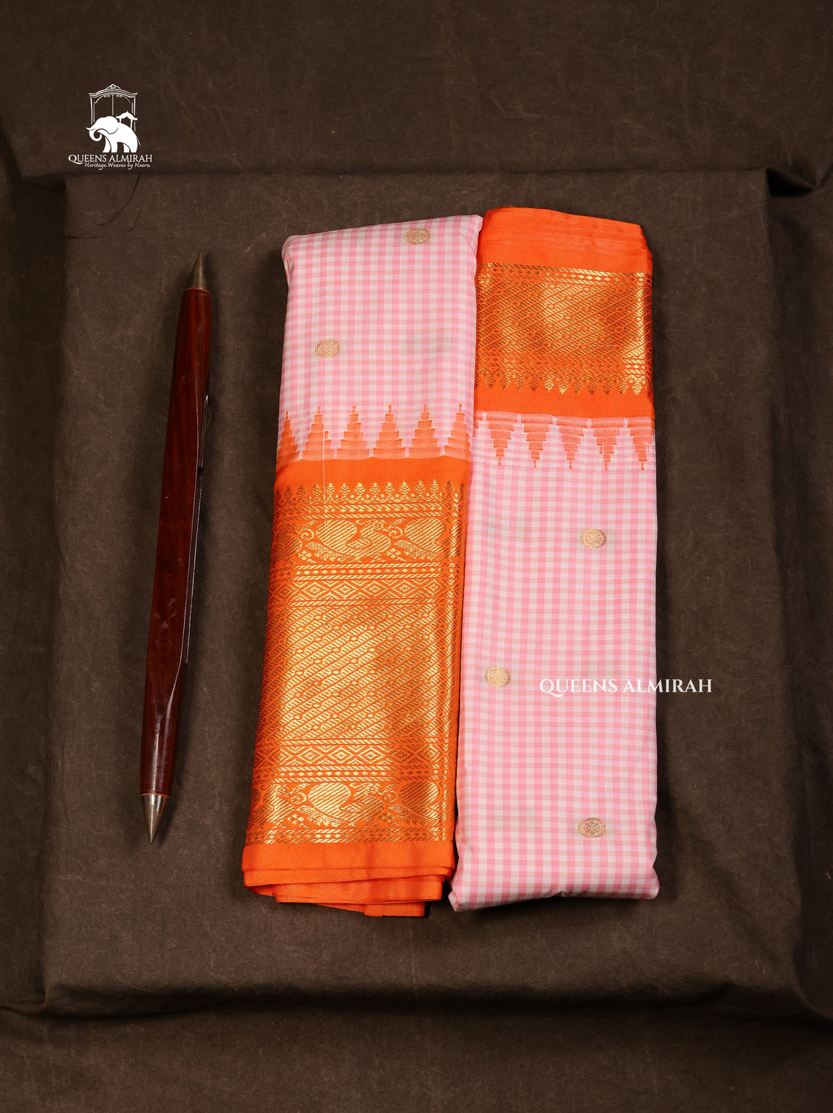White And Pink Kattam With Orange Semi Gadwal Silk Saree