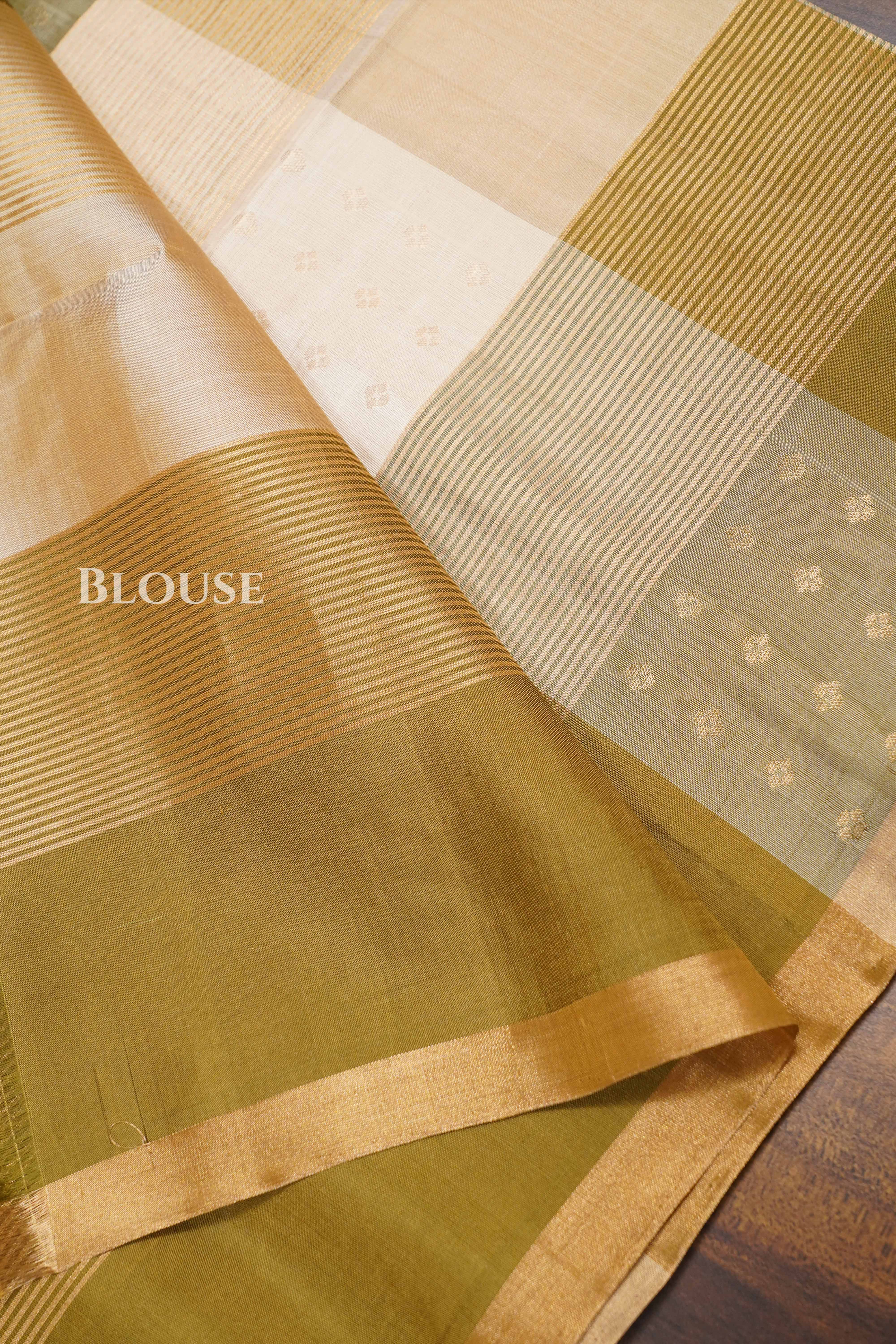 Ivory With Olive Checks Pure Soft Silk Saree