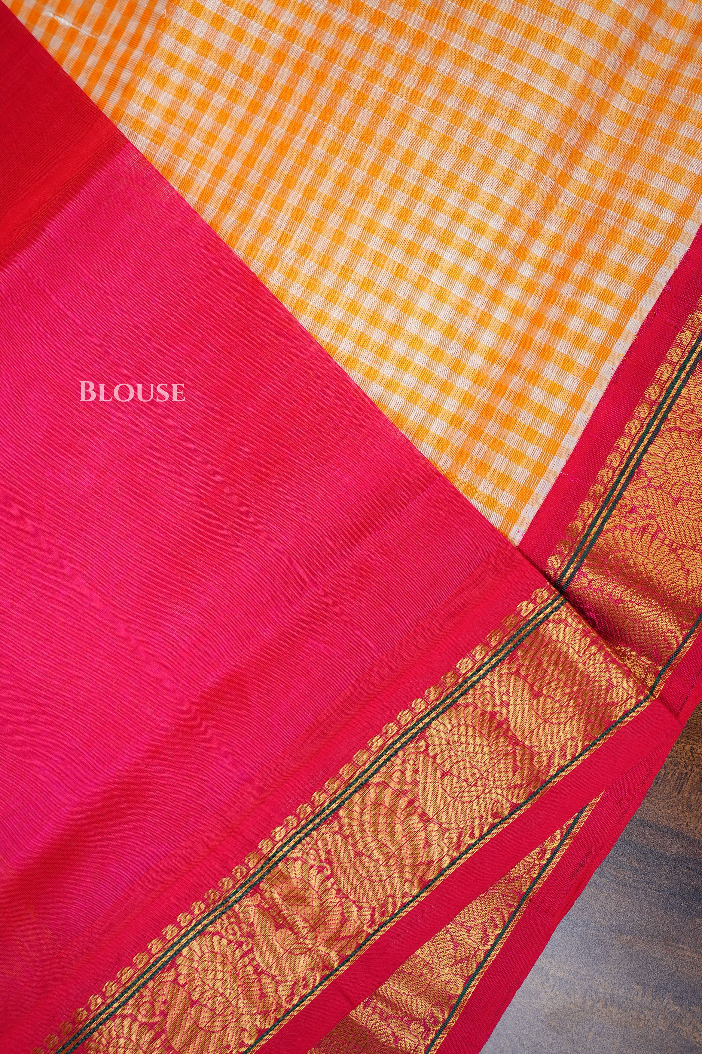Yellow Checked With Pink Pure Silk Cotton Saree