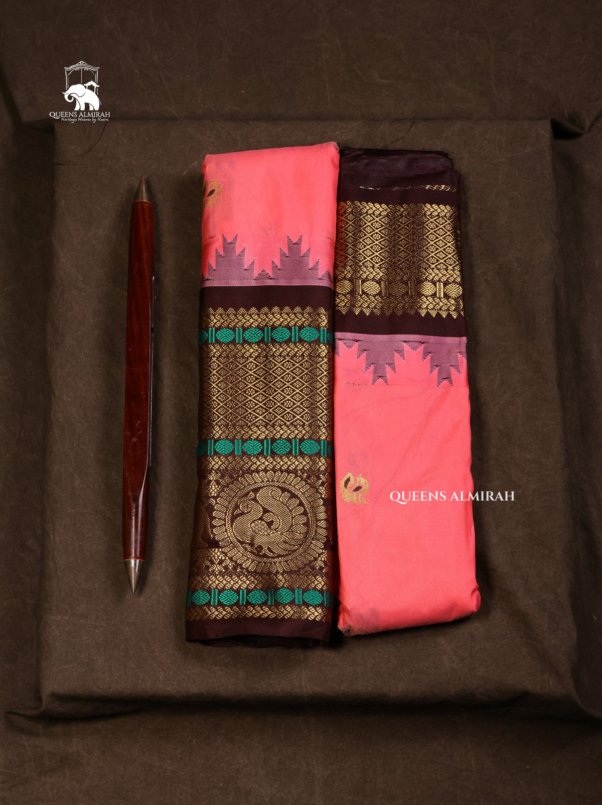 Pink With Brown Semi Gadwal Silk Saree