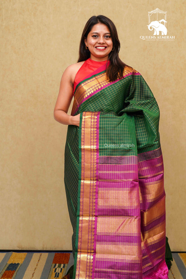 DARK GREEN WITH GREY PURPLE PURE KANCHIVARAM SILK SAREE - Queens Jewel Emporium