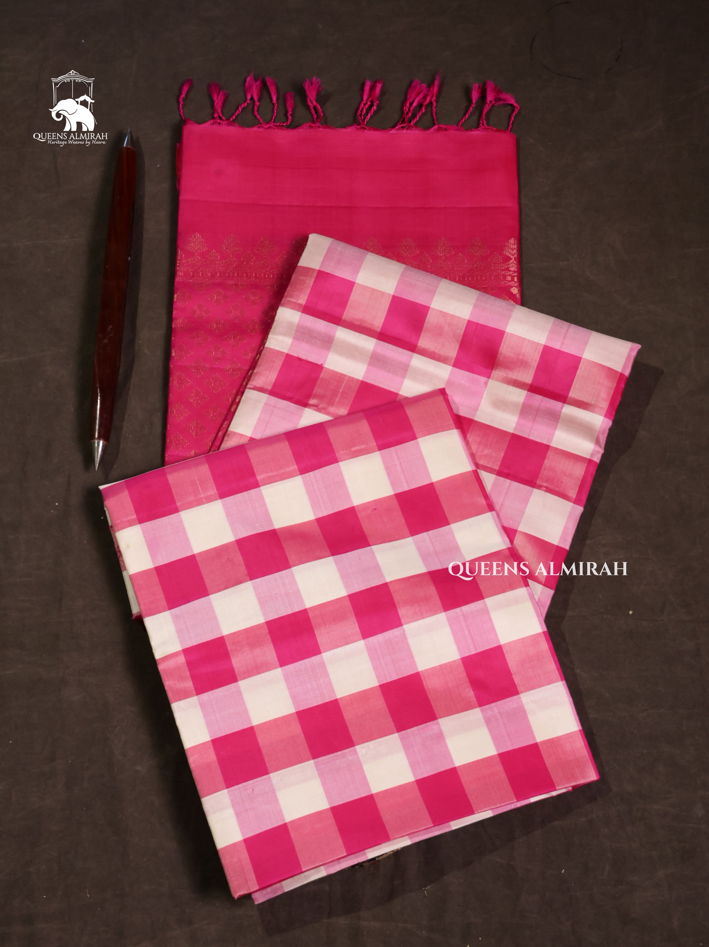 White With Pink Checks Pure Soft Silk Saree