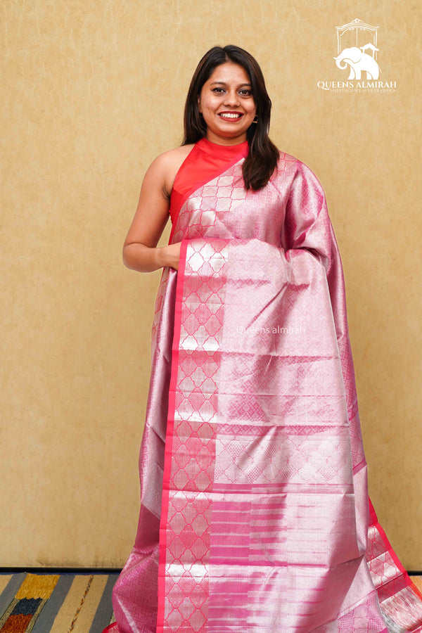 PINKISH LAVENDER WITH RED KANCHIVARAM SILK SAREE - Queens Jewel Emporium