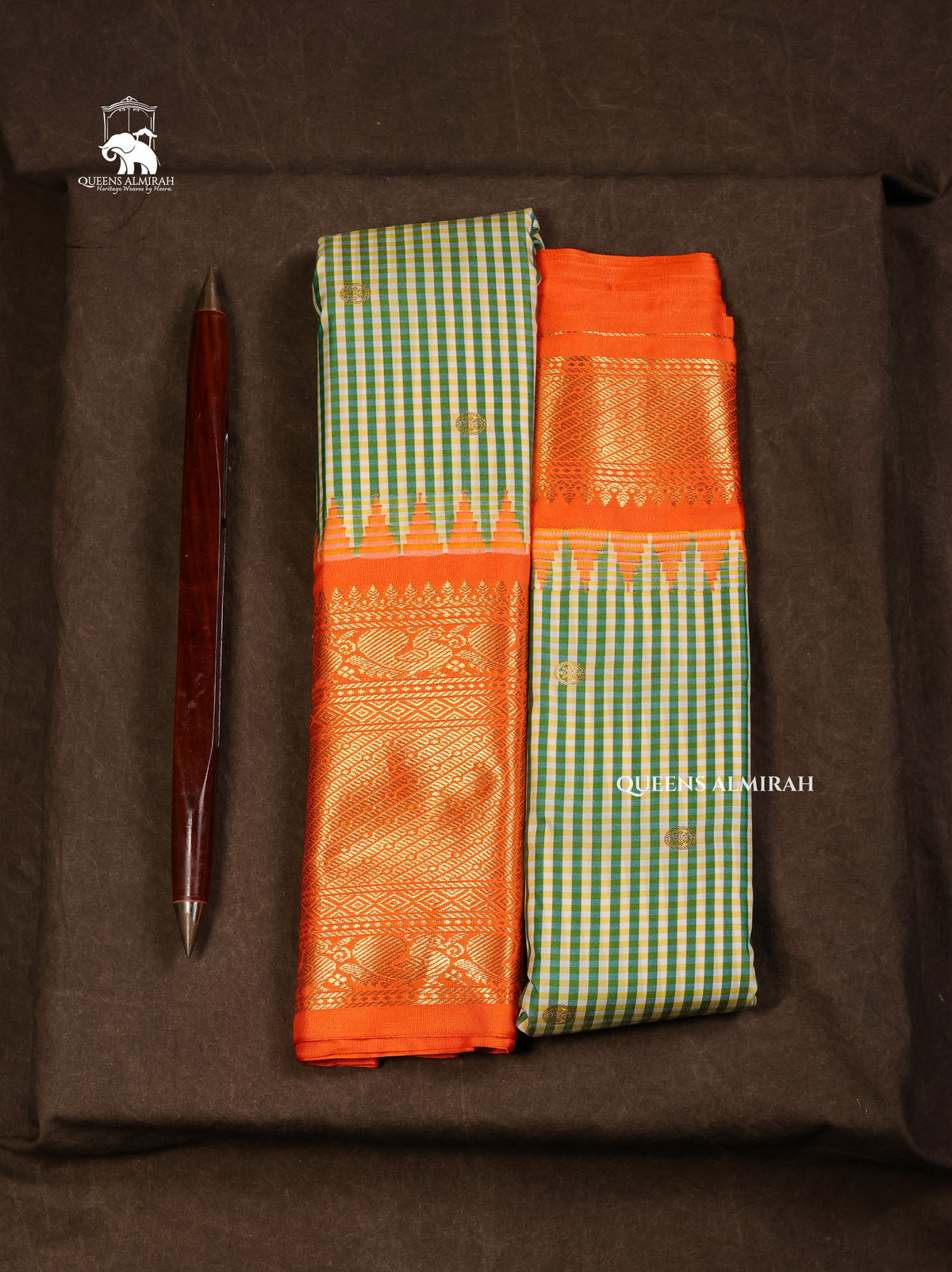 Green Kattam With Orange Semi Gadwal Silk Saree