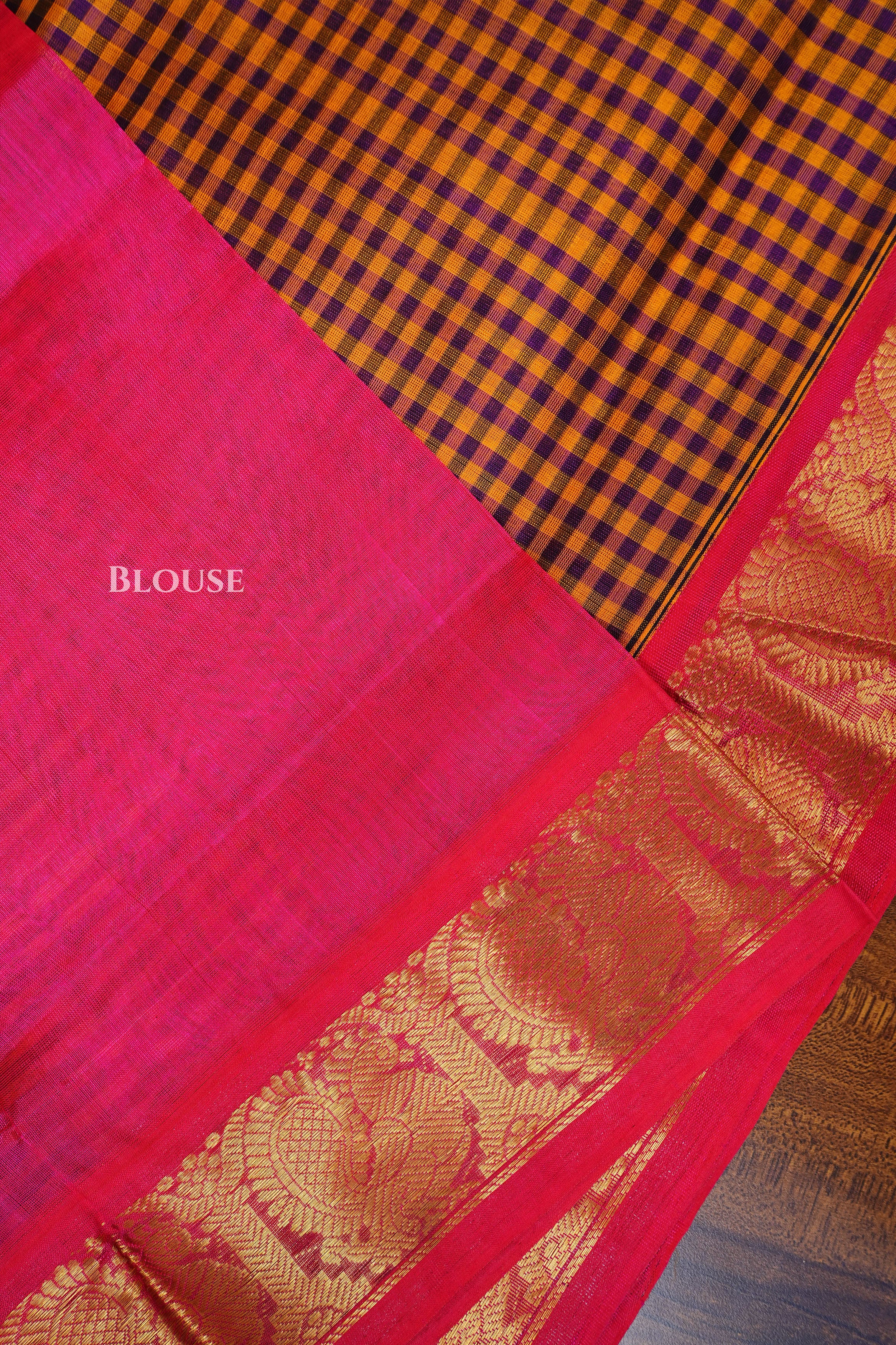 Brown Checked With Pink Pure Silk Cotton Saree
