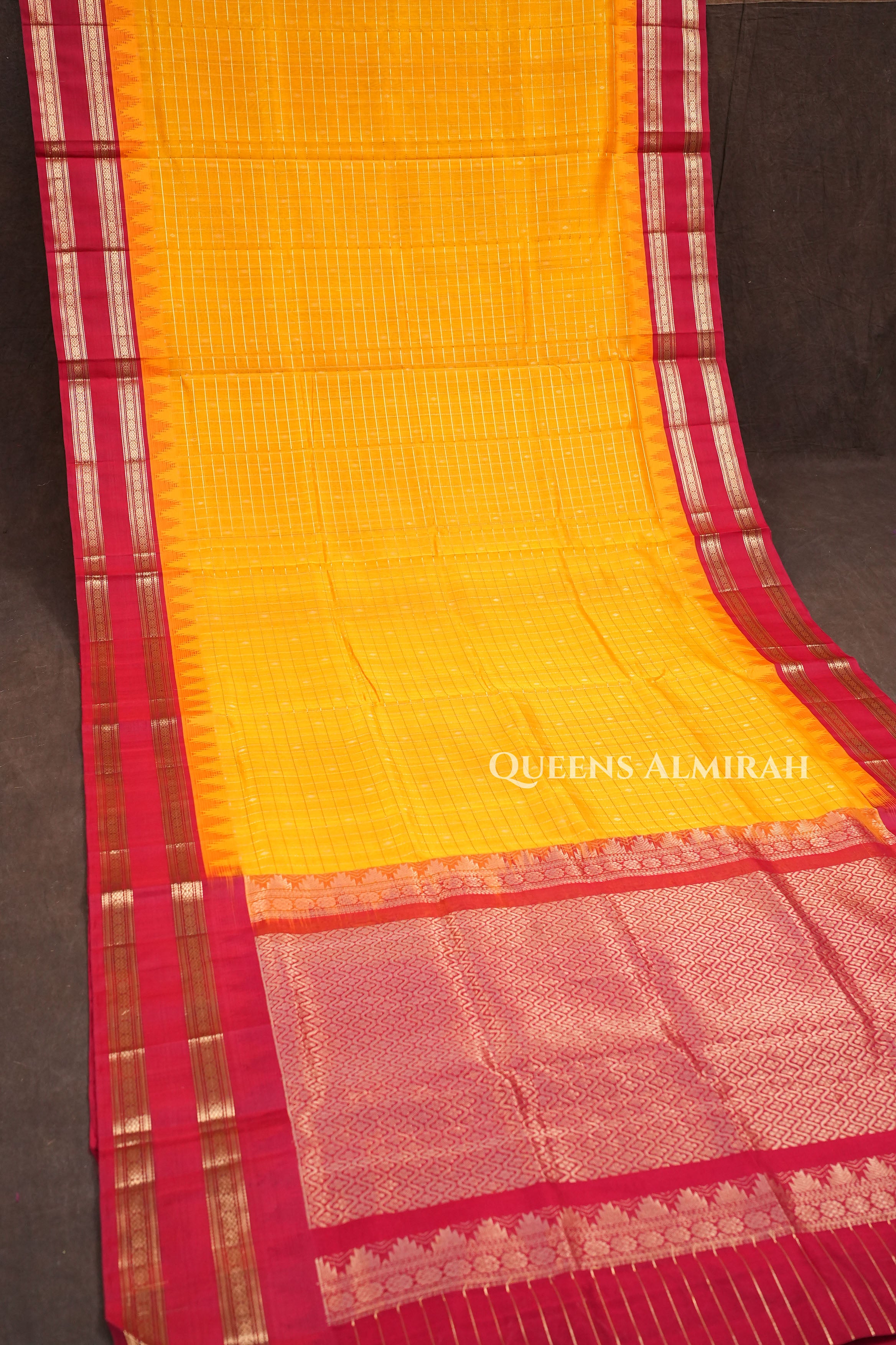 Mango Yellow Kattam With Red Rettapetta Border Pure Silk Cotton Saree