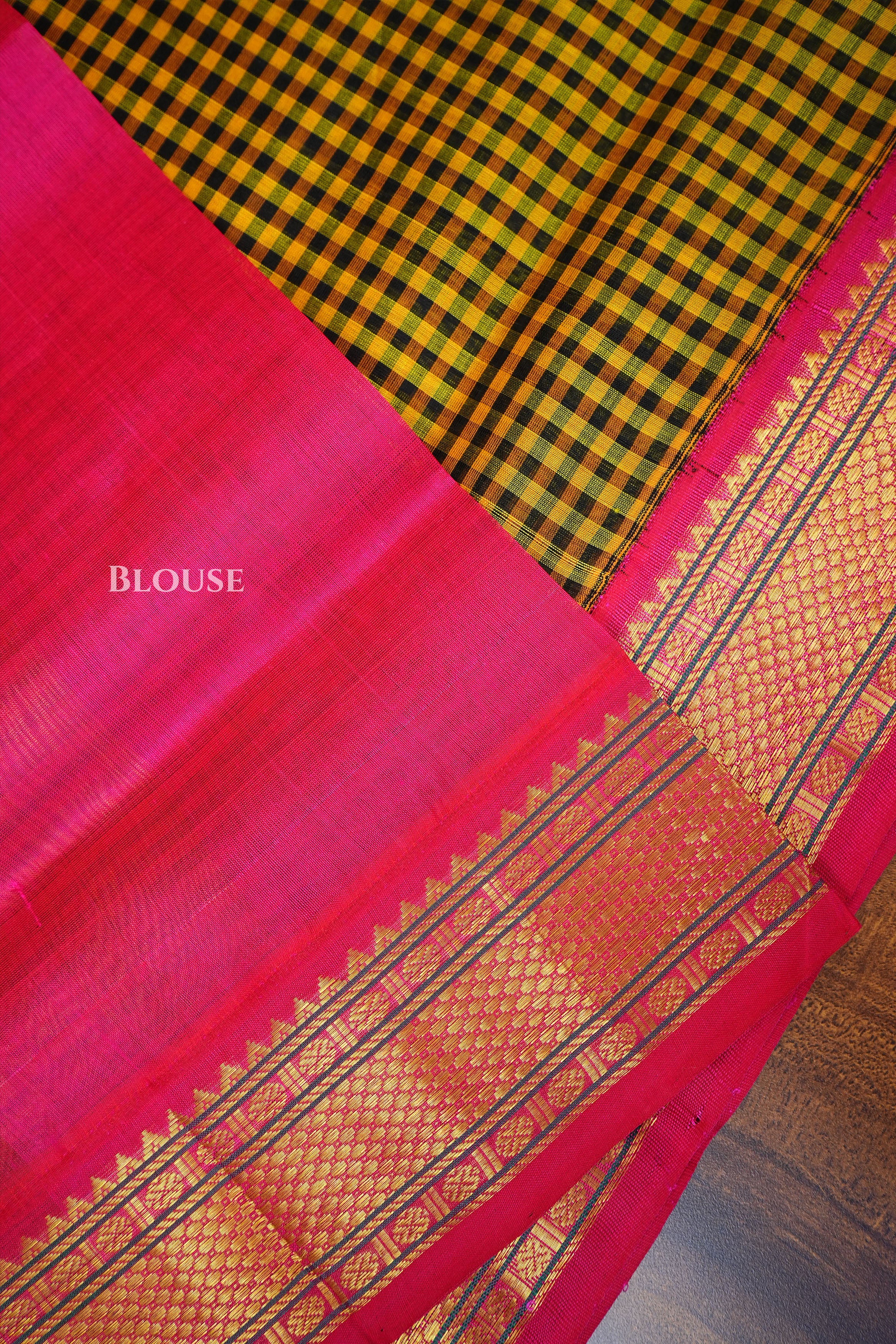 Mustard Yellow Checked With Pink Pure Silk Cotton Saree