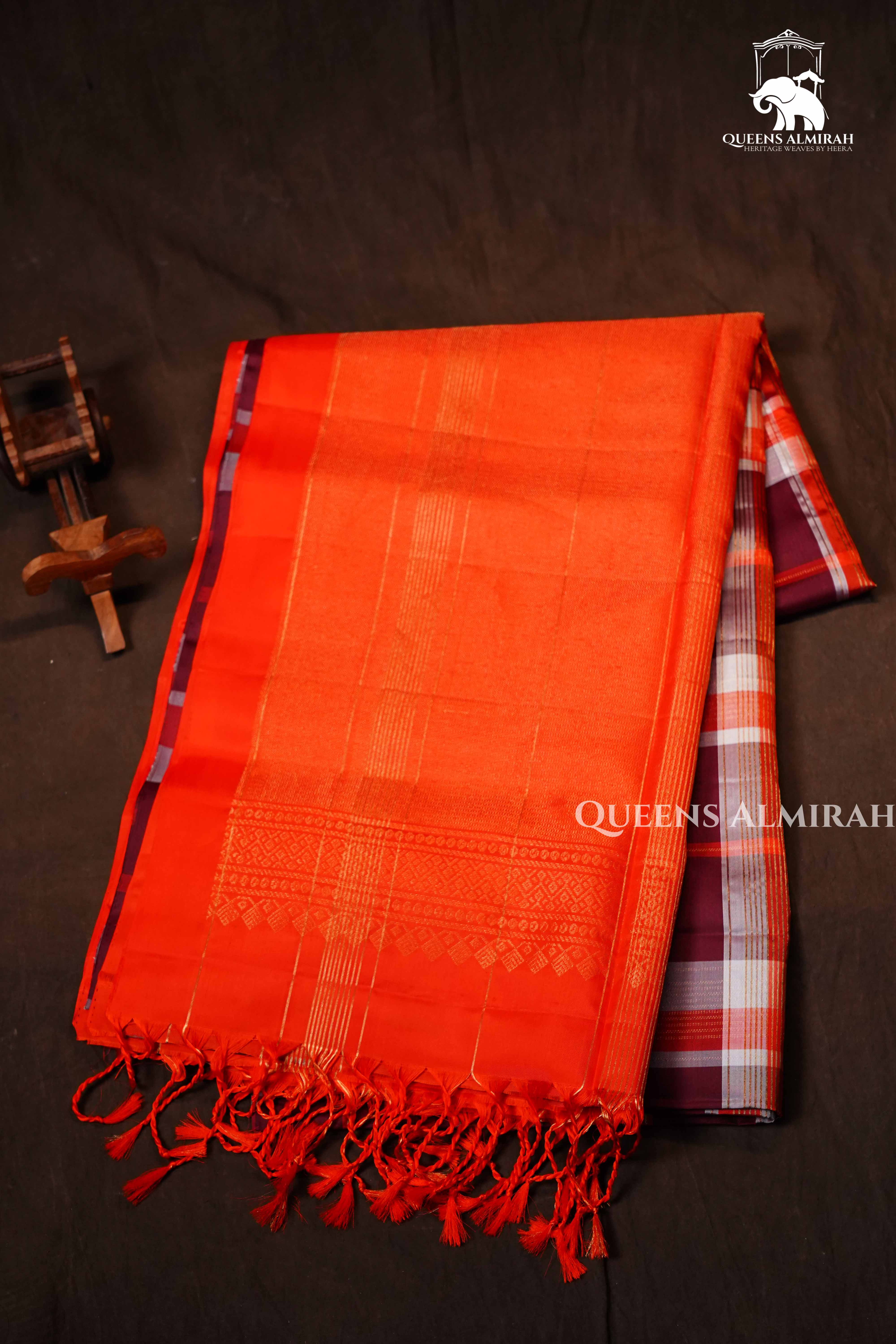 Maroon With Orange Pure Soft Silk Saree