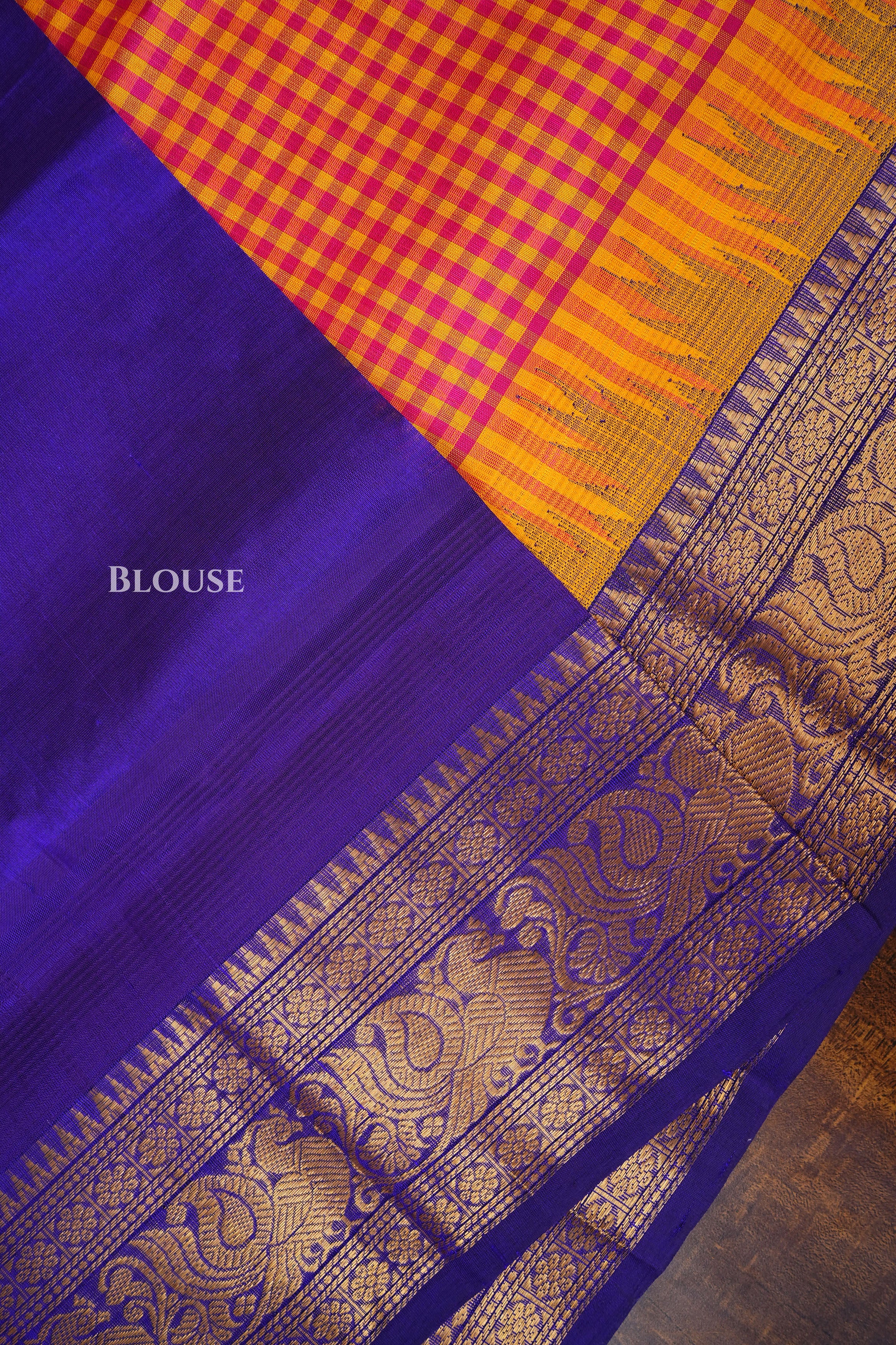 Orange Checked With Purple Pure Silk Cotton Saree