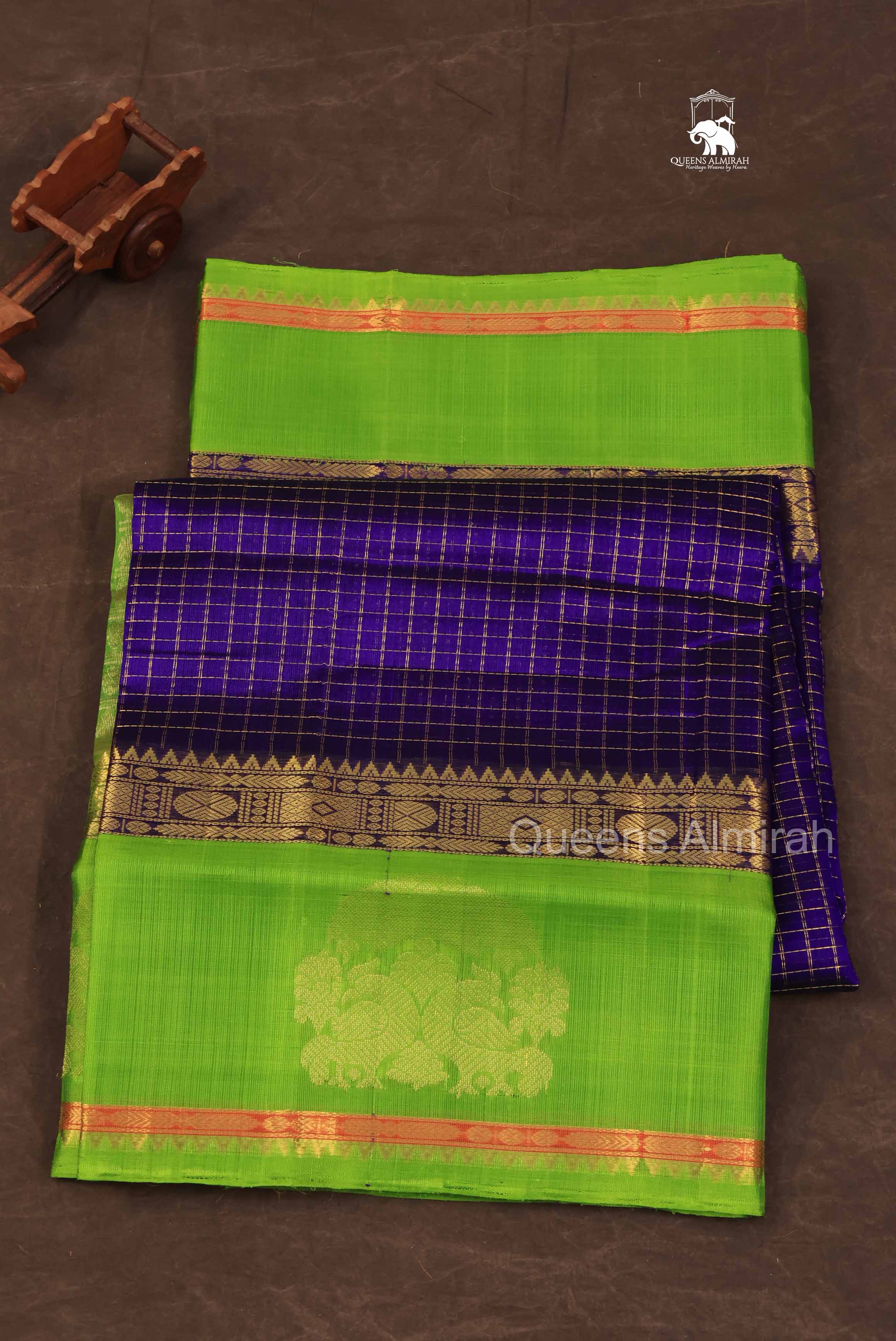 Navy Blue Kattam With Parrot Green Pure Silk Cotton Saree