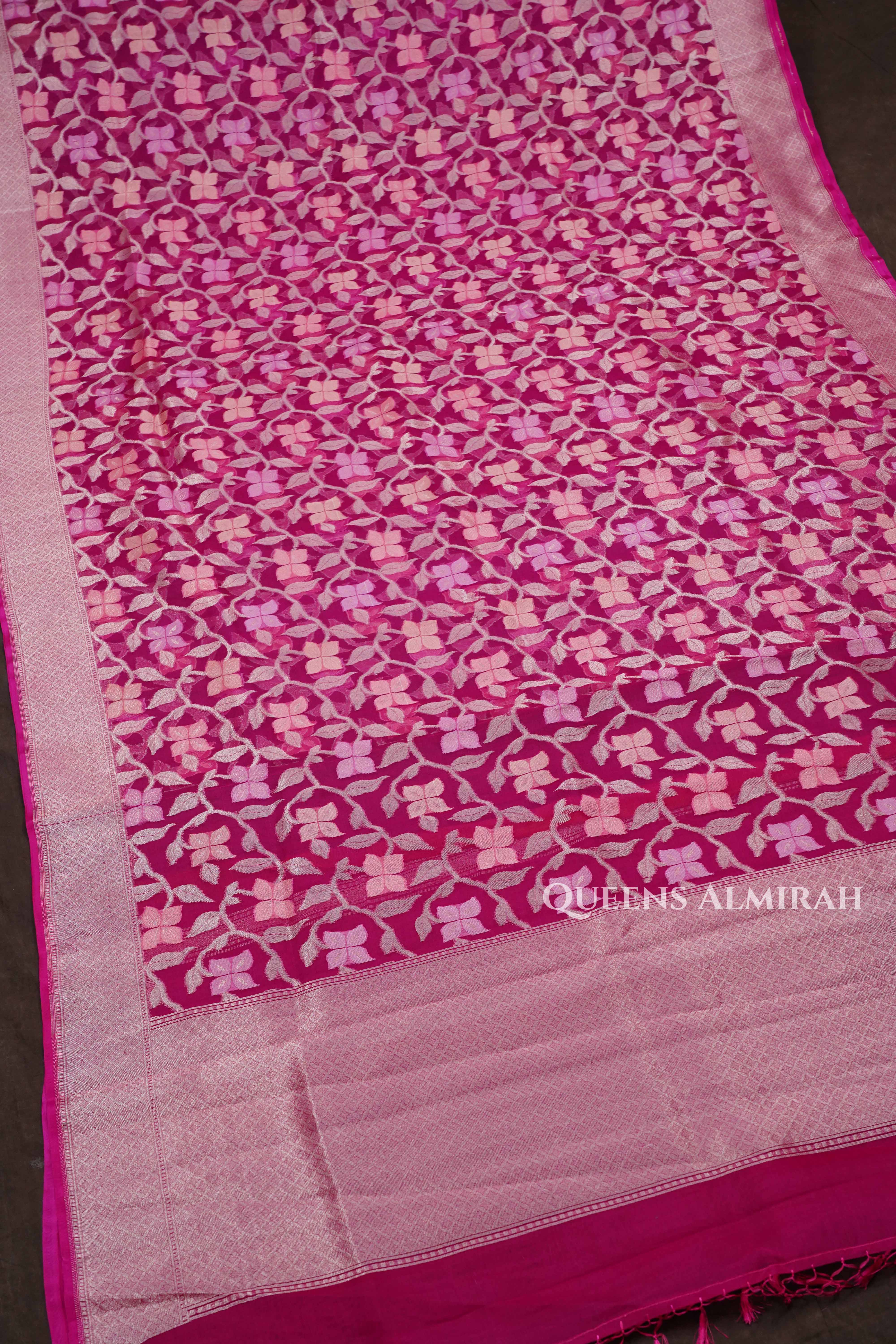 Magenta Pink Banarasi Organza Silk Saree