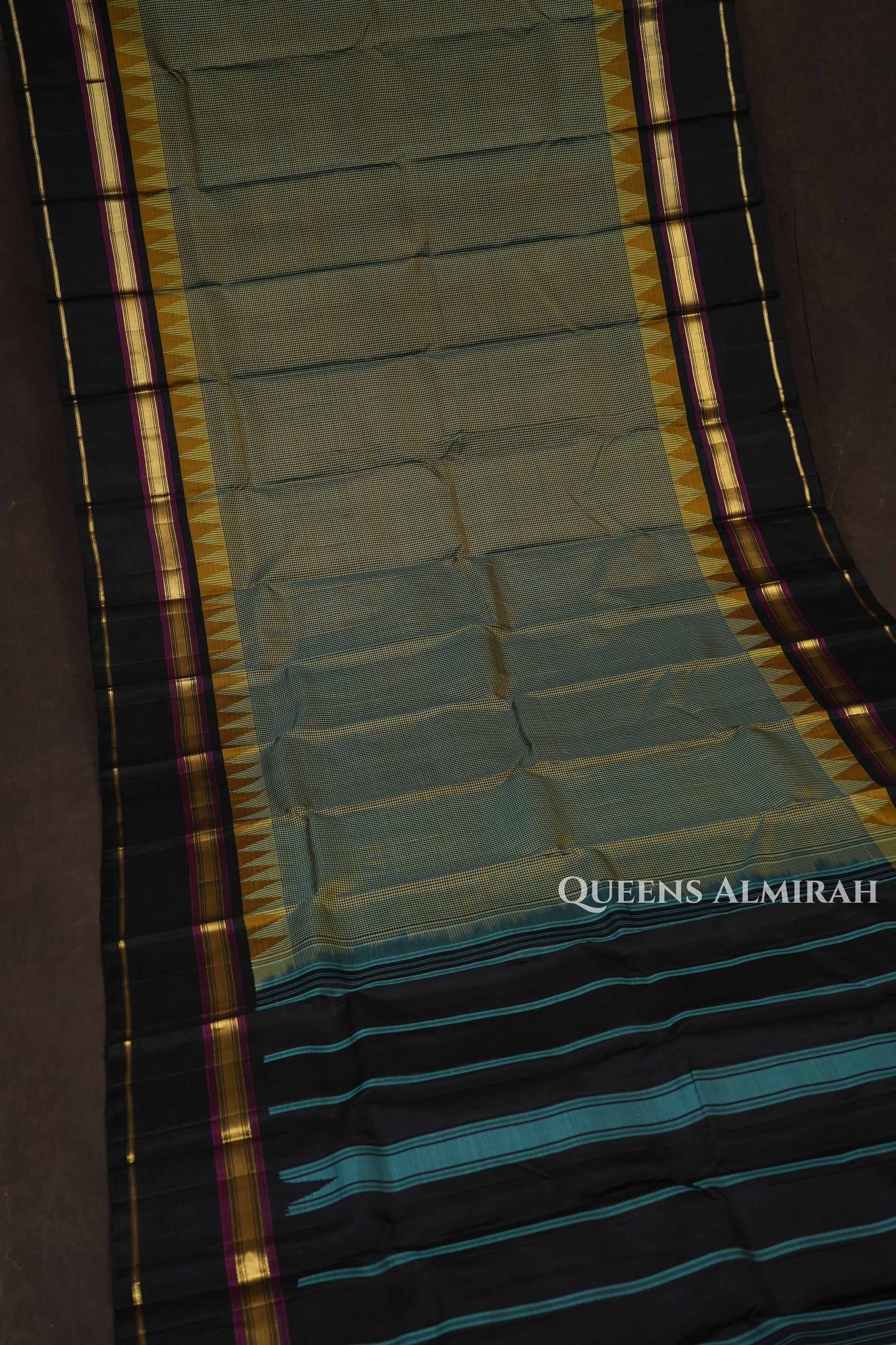 Green With Black Checks Pure Chettinad Silk Saree