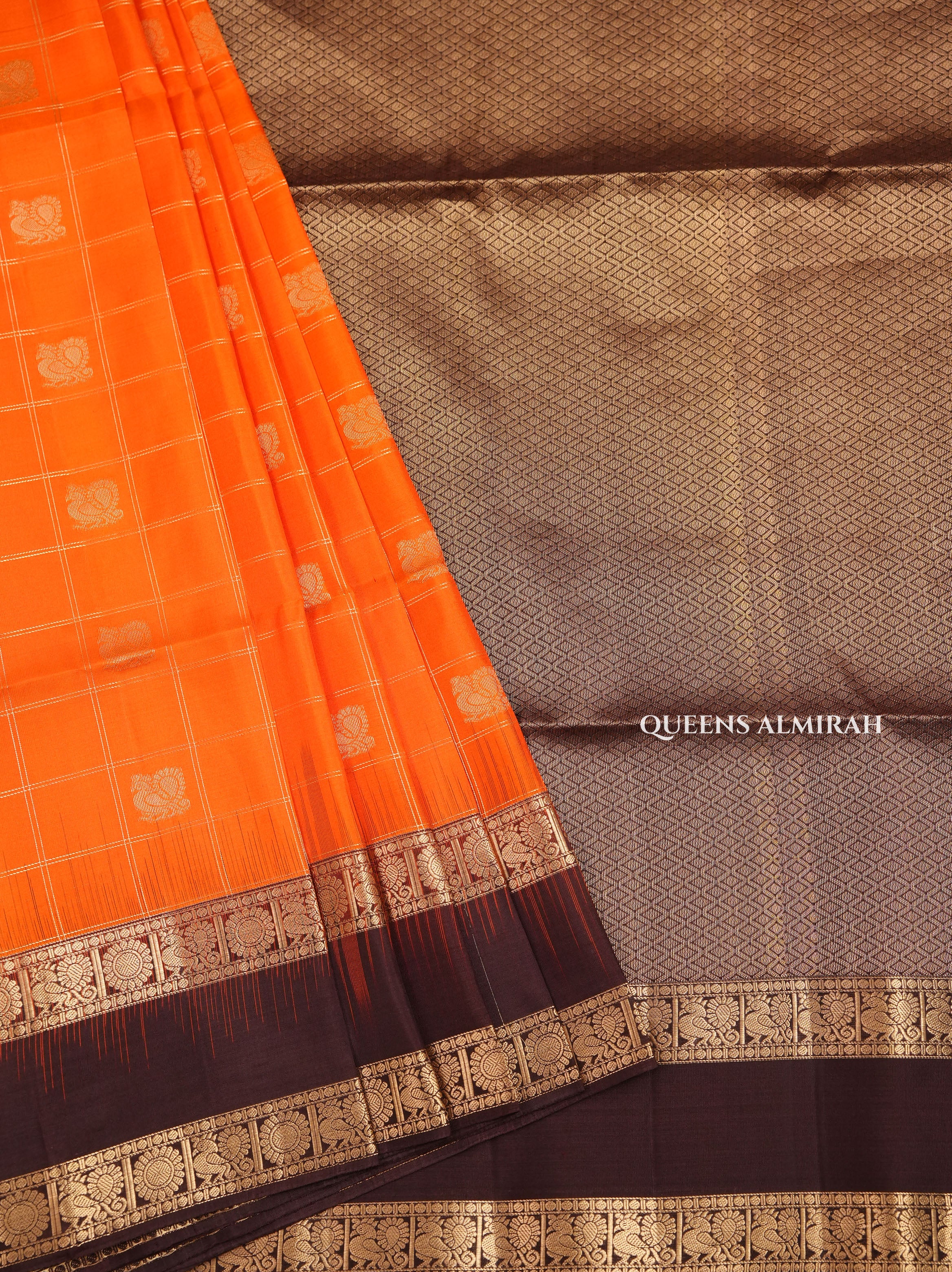 Pumpkin Orange With Chocolate Brown Pure Soft Silk Saree