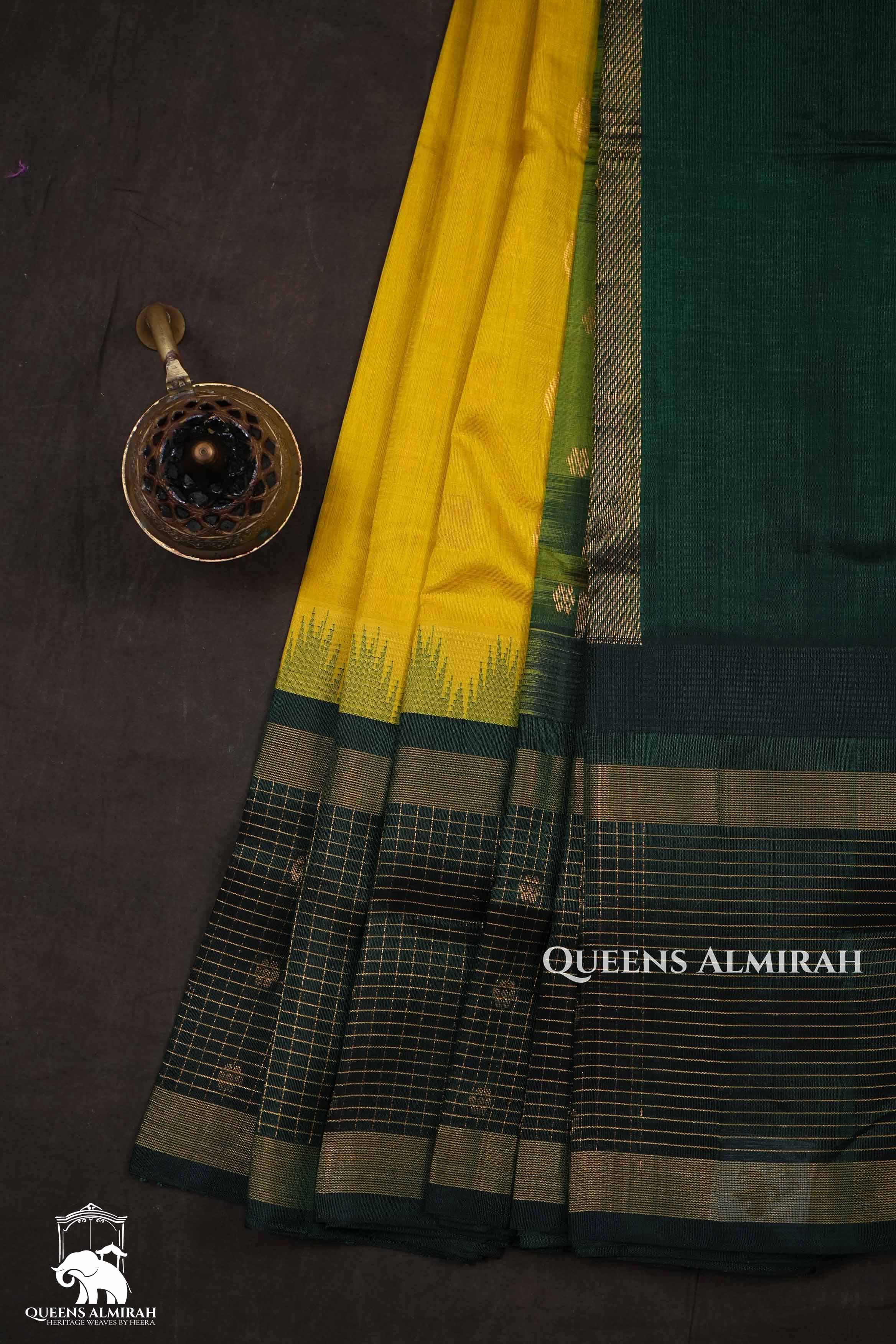 Yellow With Green Pure Kanchi Silk Cotton Saree