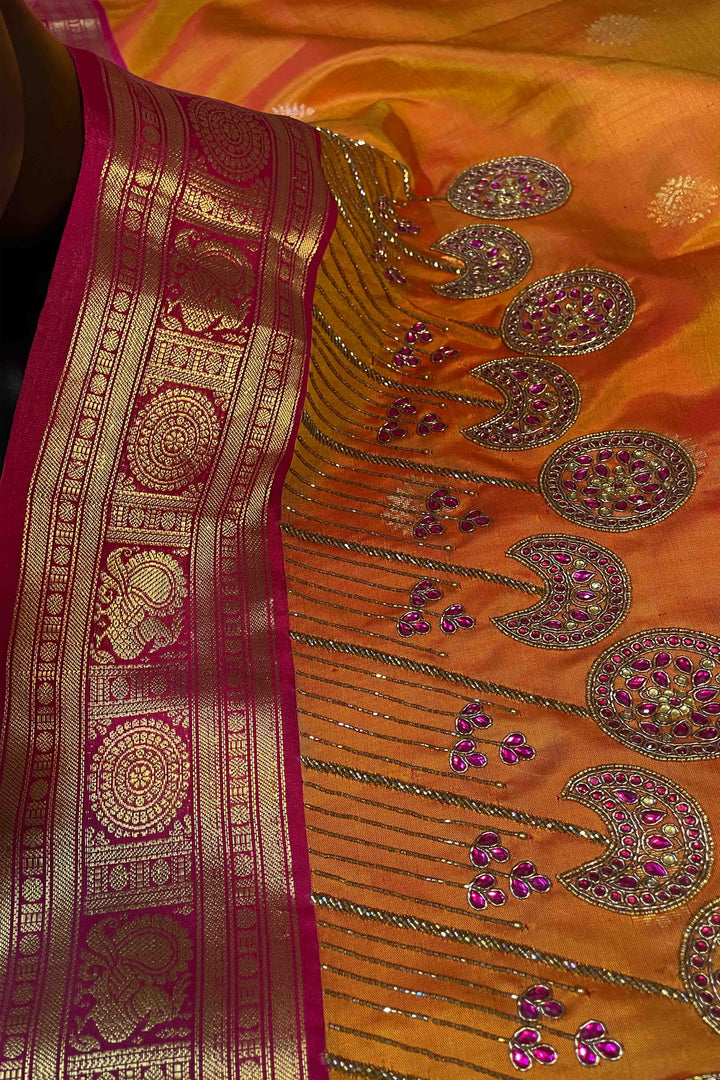 MANGO YELLOW WITH BERRY PINK SOFT SILK SAREE - Queens Jewel Emporium