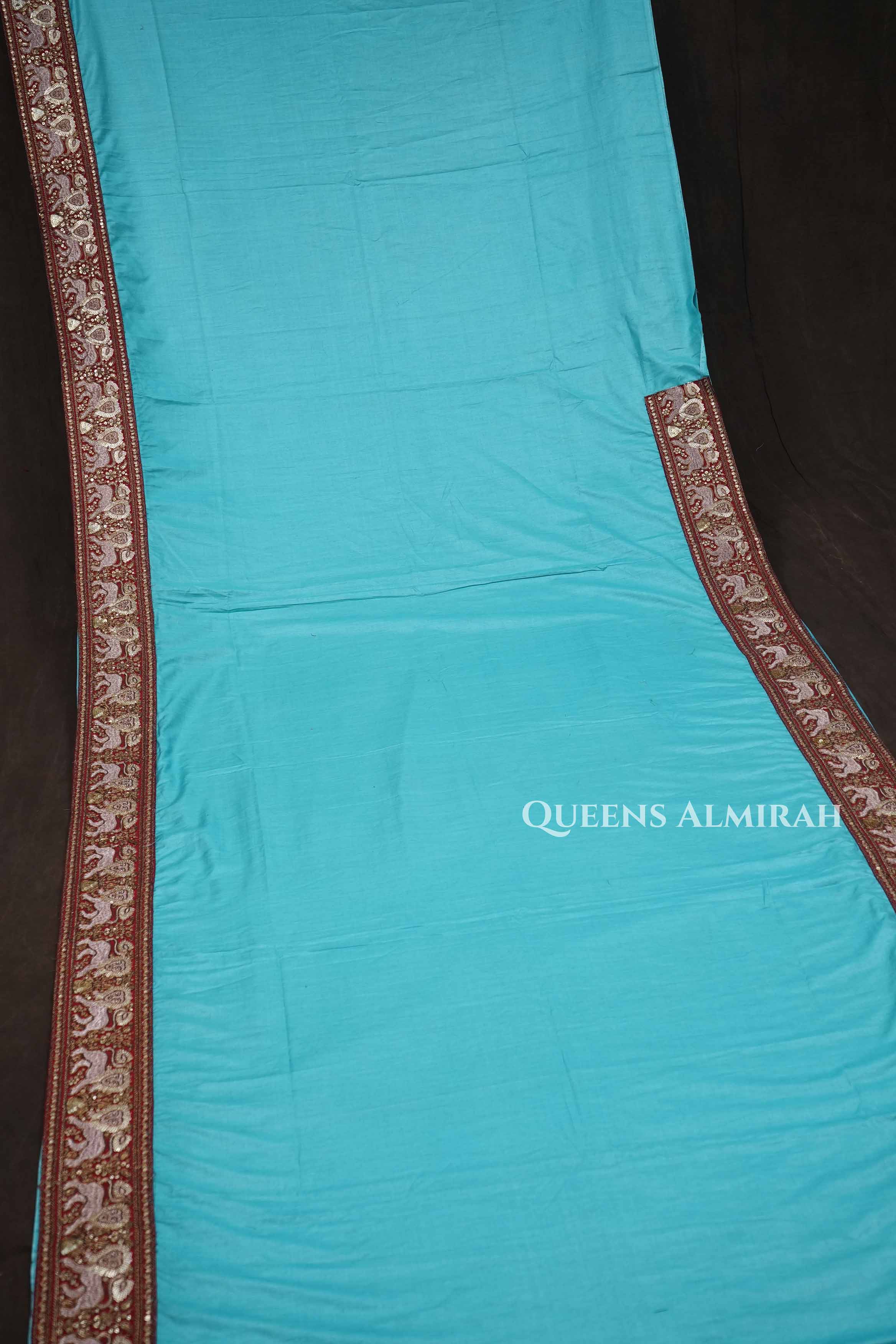 Turquoise Blue With Sindoor Red Tussar Silk Saree