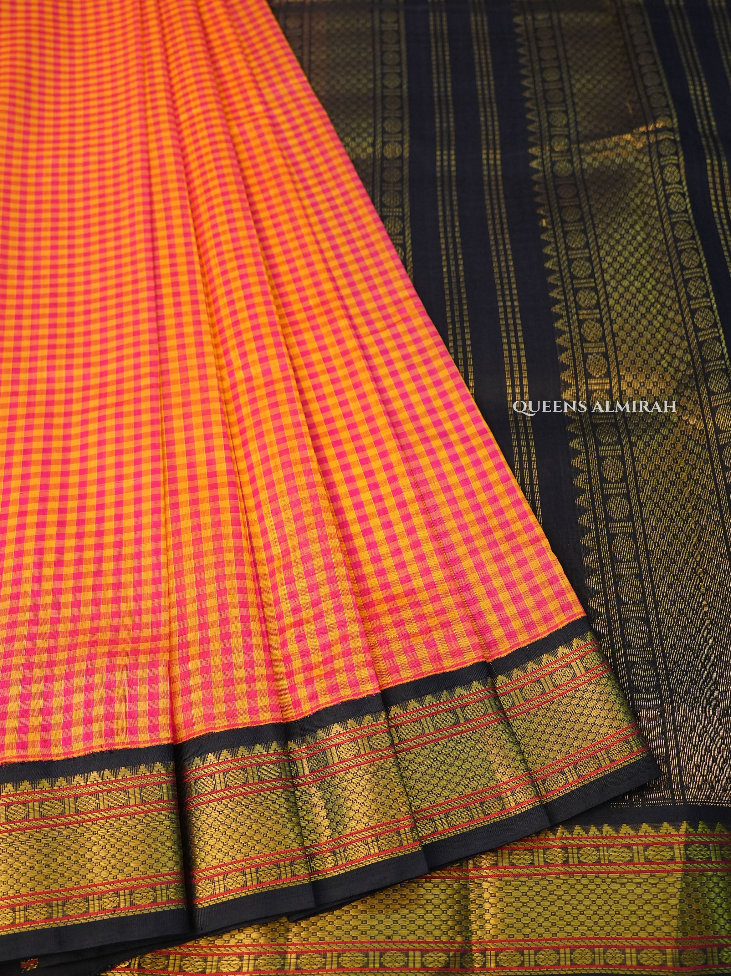 Orange Kattam With Black Border Pure Silk Cotton Saree