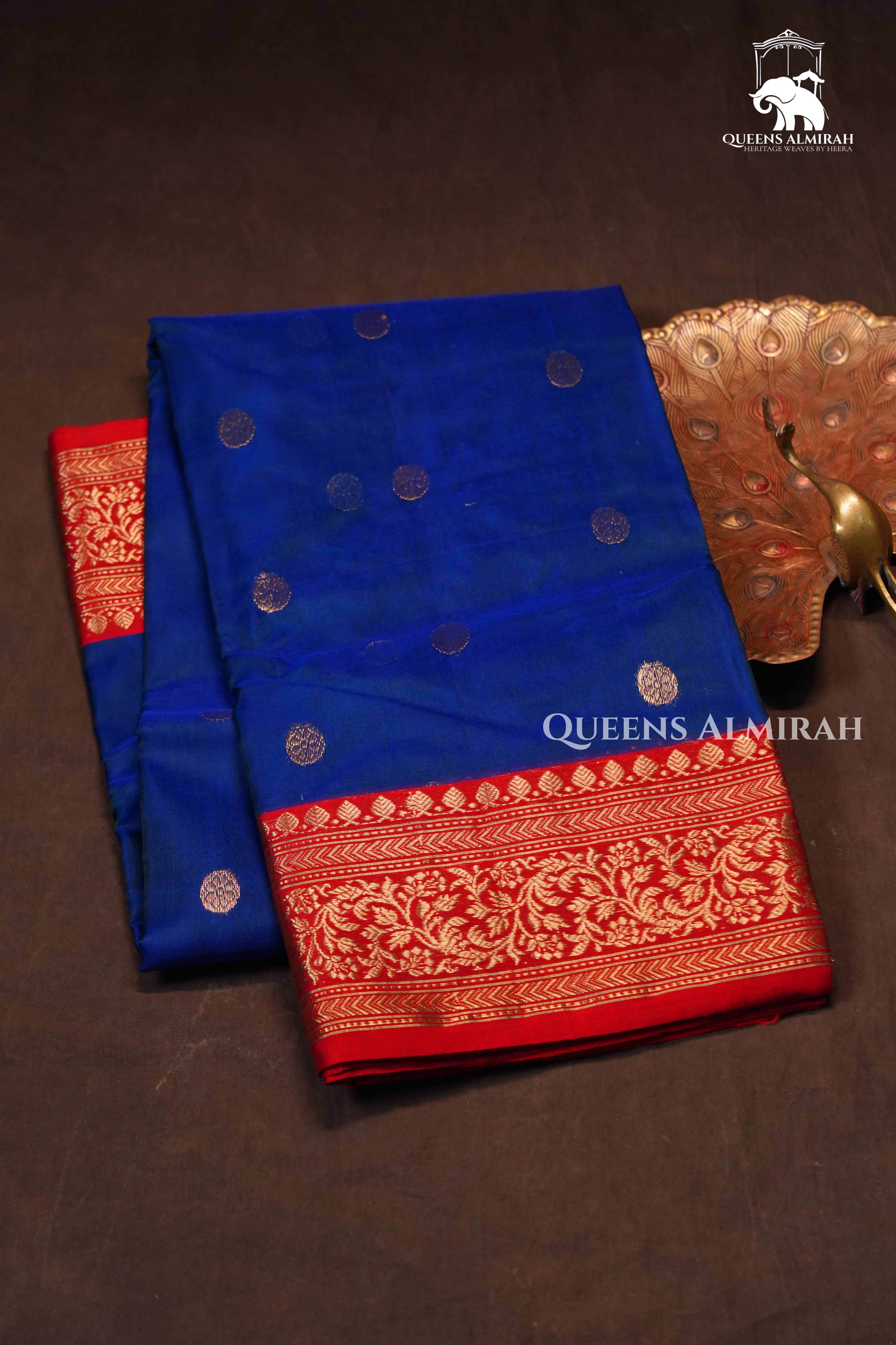 Ink Blue With Red Chanderi Katan Silk Handloom Saree