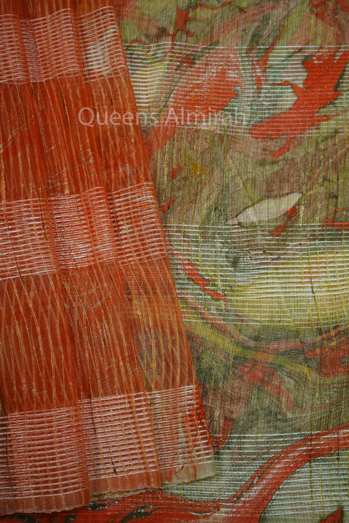 RADDISH ORANGE MARBLE PRINT  GHICHA ORAGANZA SAREE - Queens Jewel Emporium