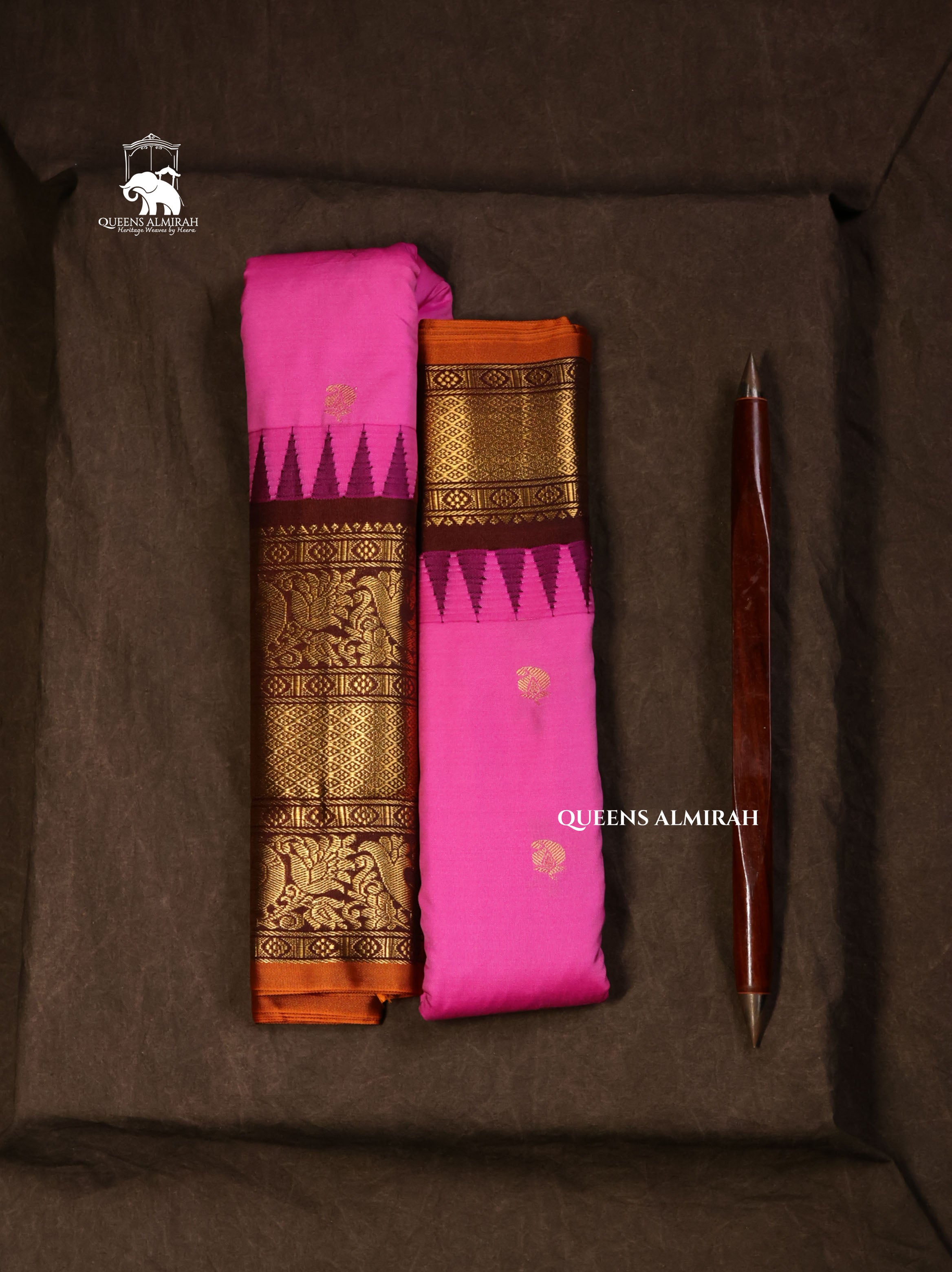 Pink With Brown Semi Gadwal Silk Saree