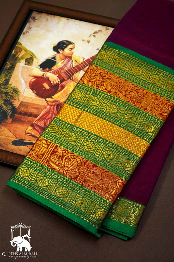 ROYAL BURGUNDY LONG MULTI COLOUR ZARI BORDER NARAYANPET COTTON SAREE - Queens Jewel Emporium
