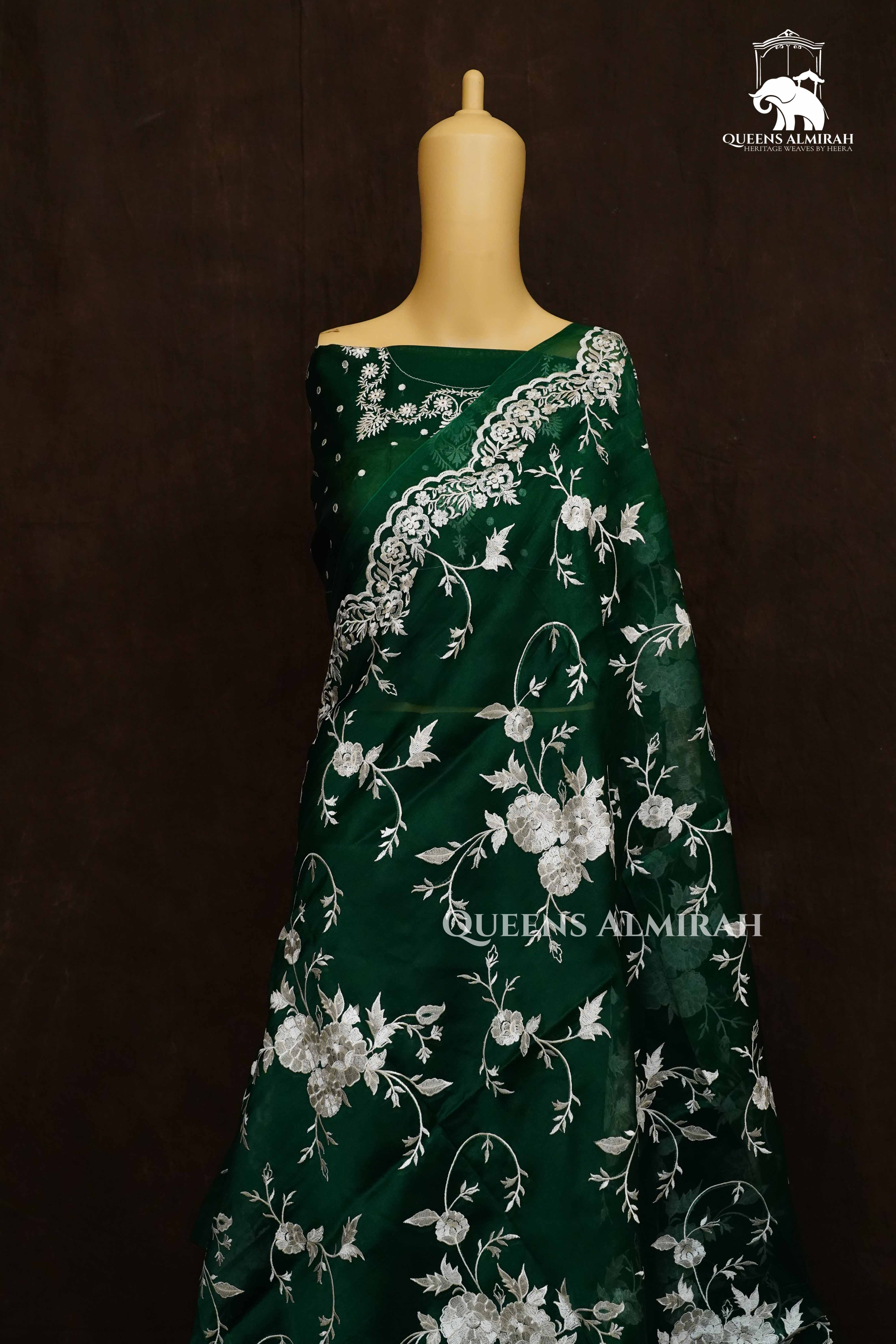 Dark Green Kora Organza saree