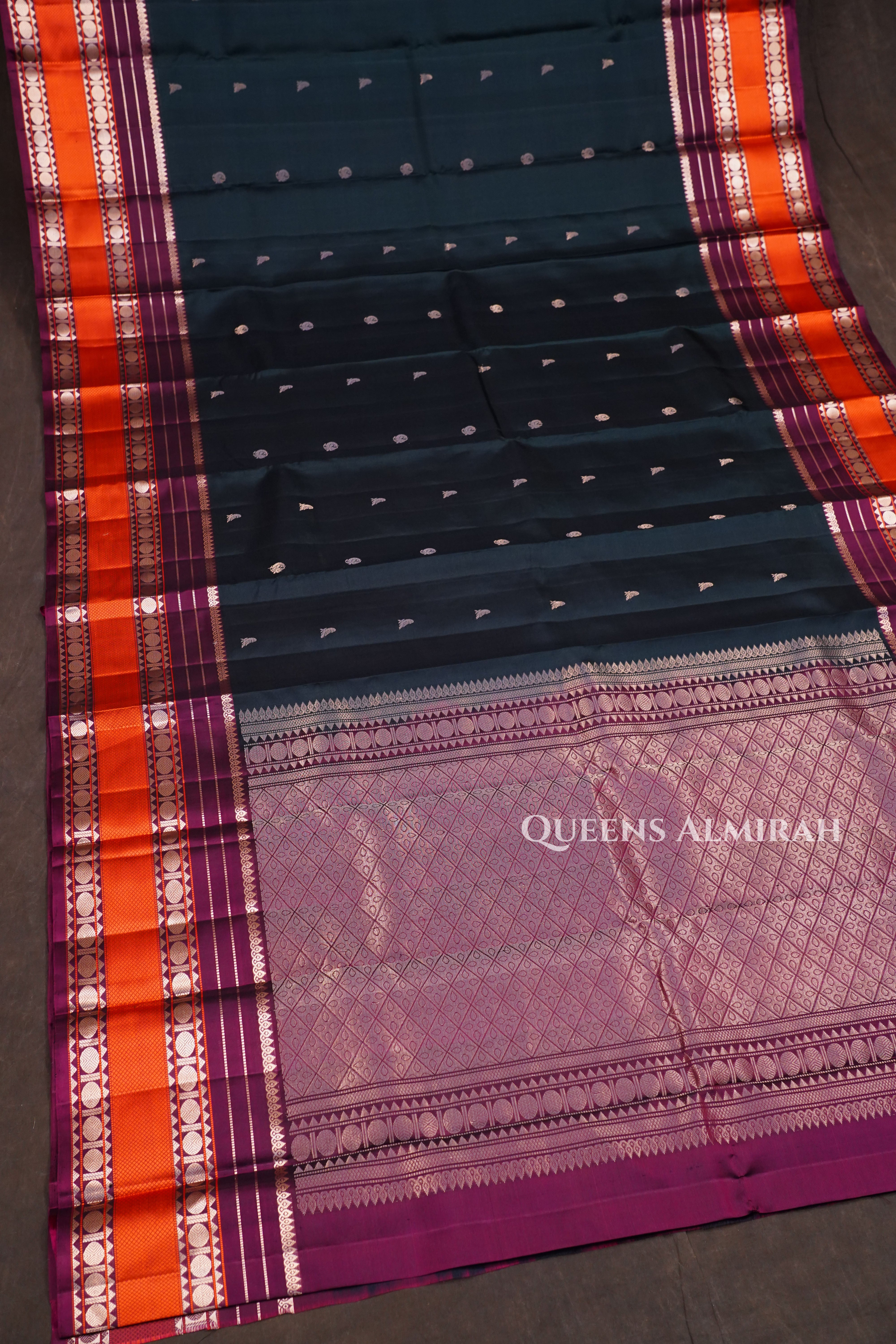 Dark Green With Maroon And Orange Border Pure Kanchivaram Silk Saree