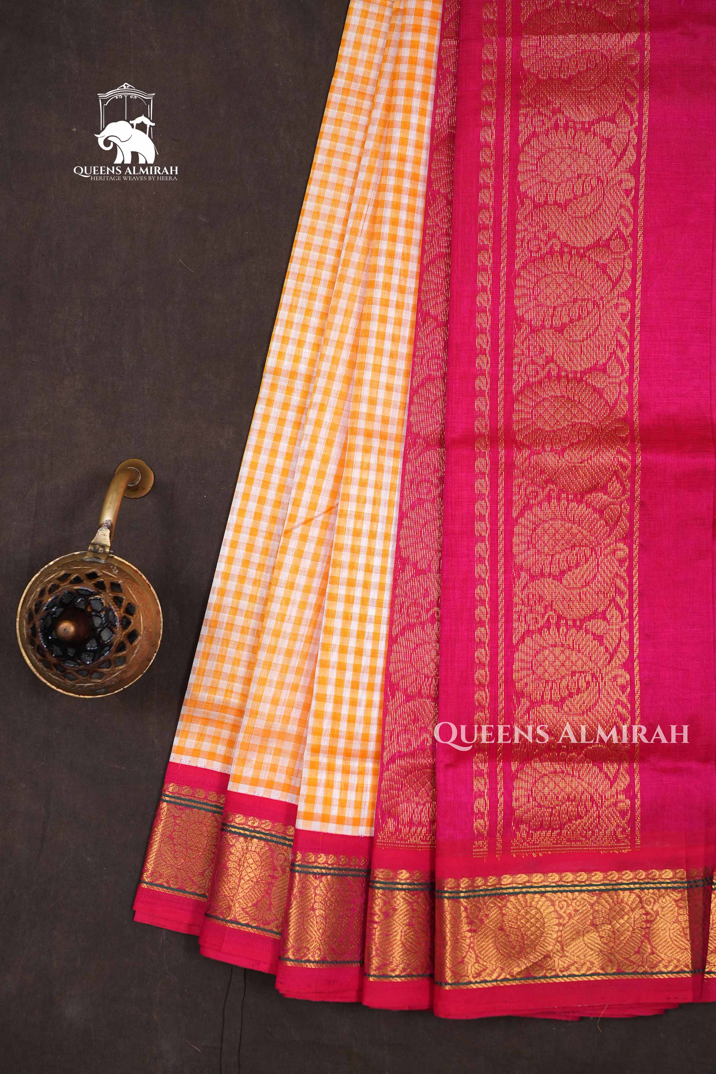Yellow Checks With Red Pure Silk Cotton Saree