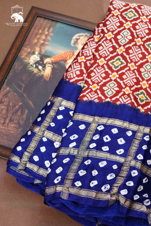 PERSIAN RED WITH ROYAL BLUE MODAL SILK SAREE - Queens Jewel Emporium